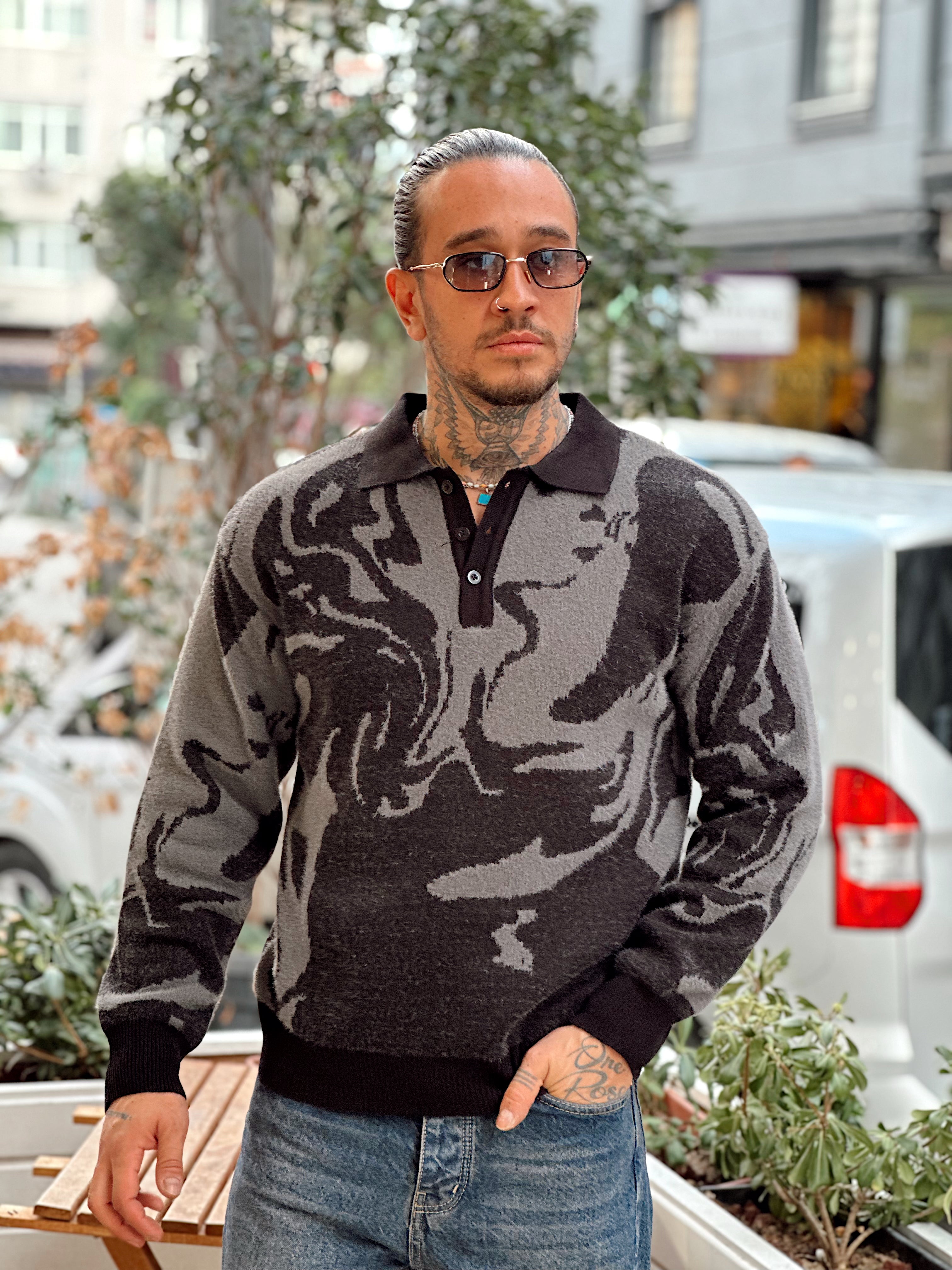 MS4054 - Karışık Desenli Triko Polo Yaka Sweatshirt siyah