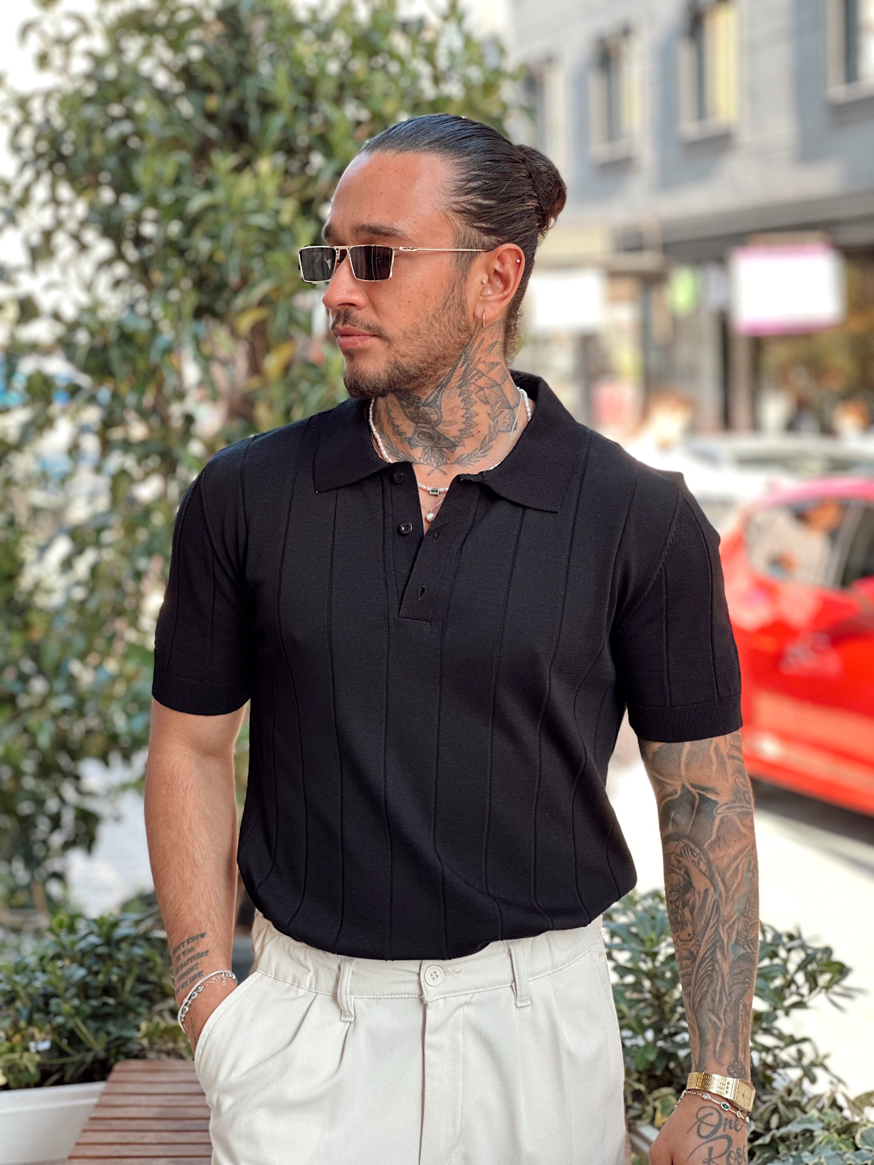 MT2758 -Şerit Detaylı Full Likralı Polo Yaka T-Shirt siyah