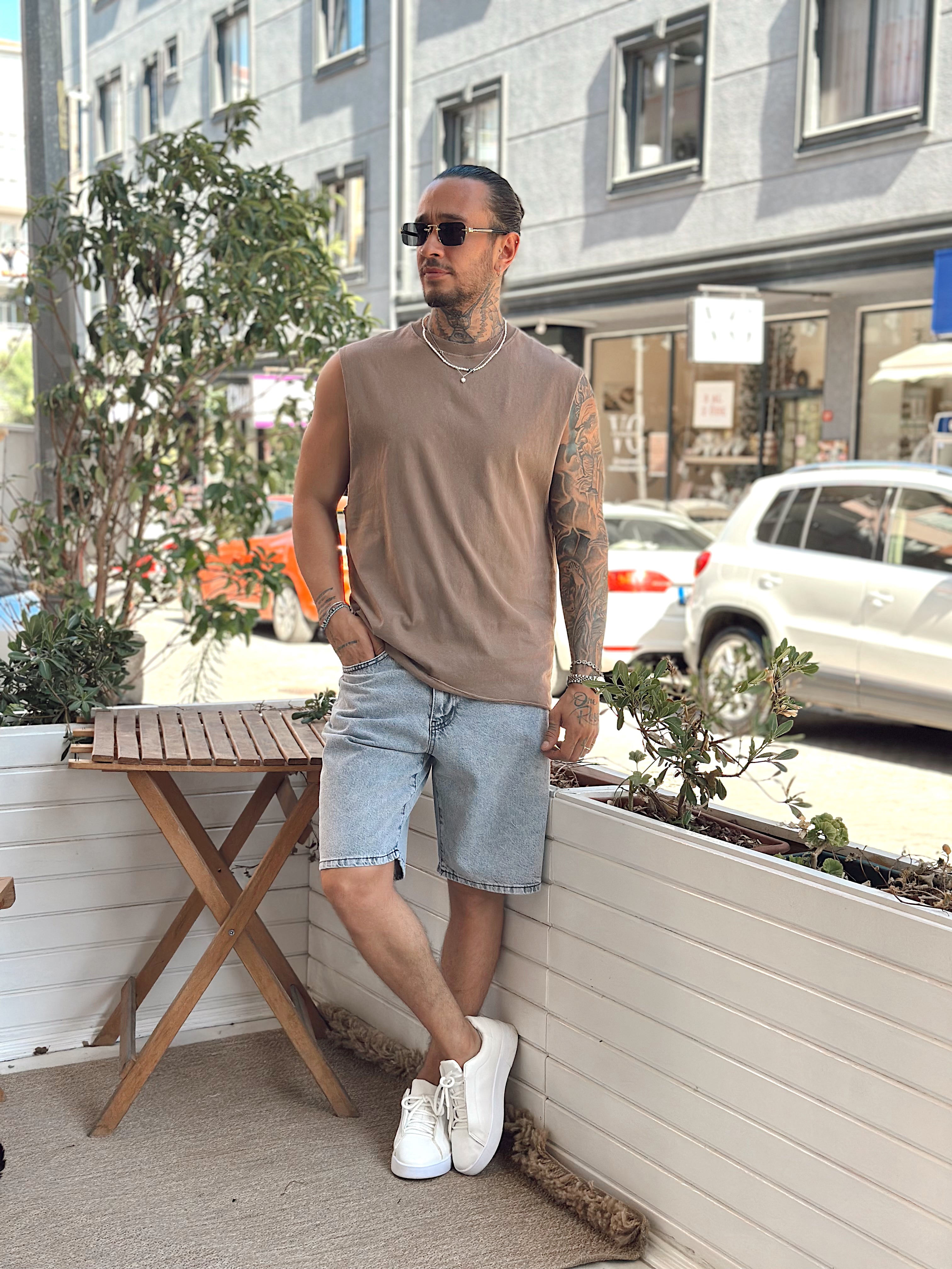 MT3083- Basic Kolsuz Oversize T-Shirt kahve