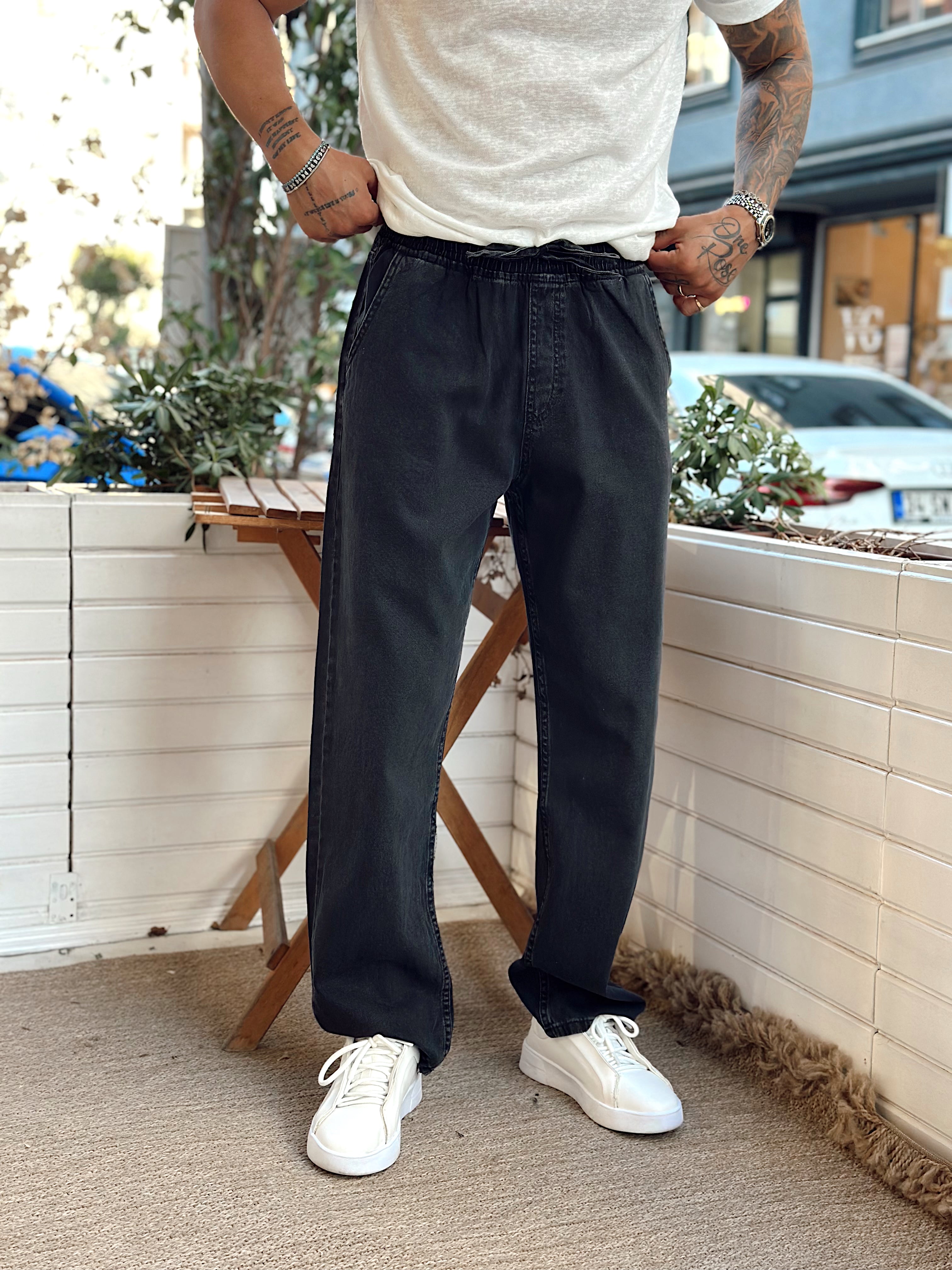 MP3097 - Beli İpli Baggy Kot Pantolon siyah
