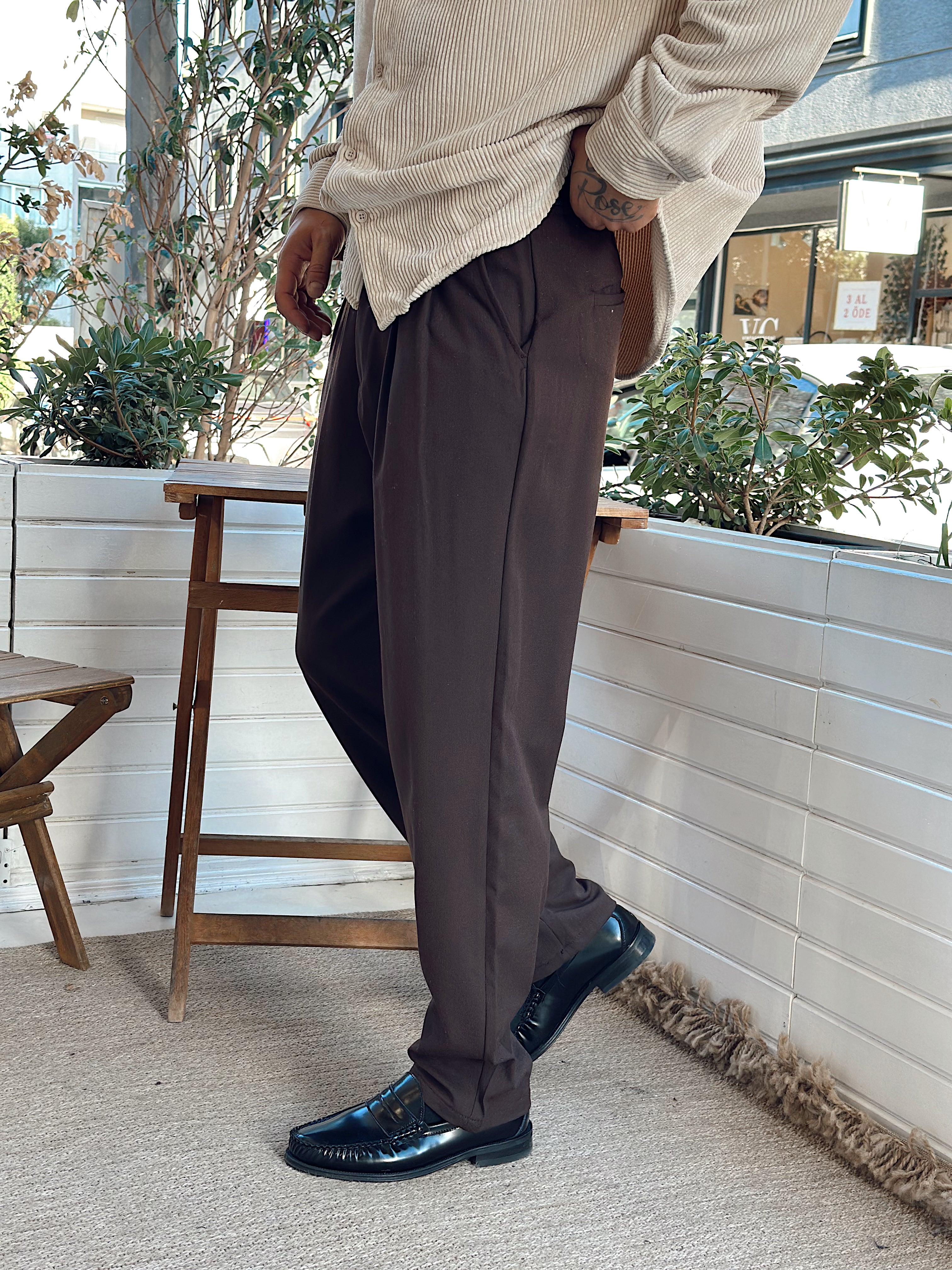 MP4030 - Pileli Baggy Kumaş Pantolon kahve