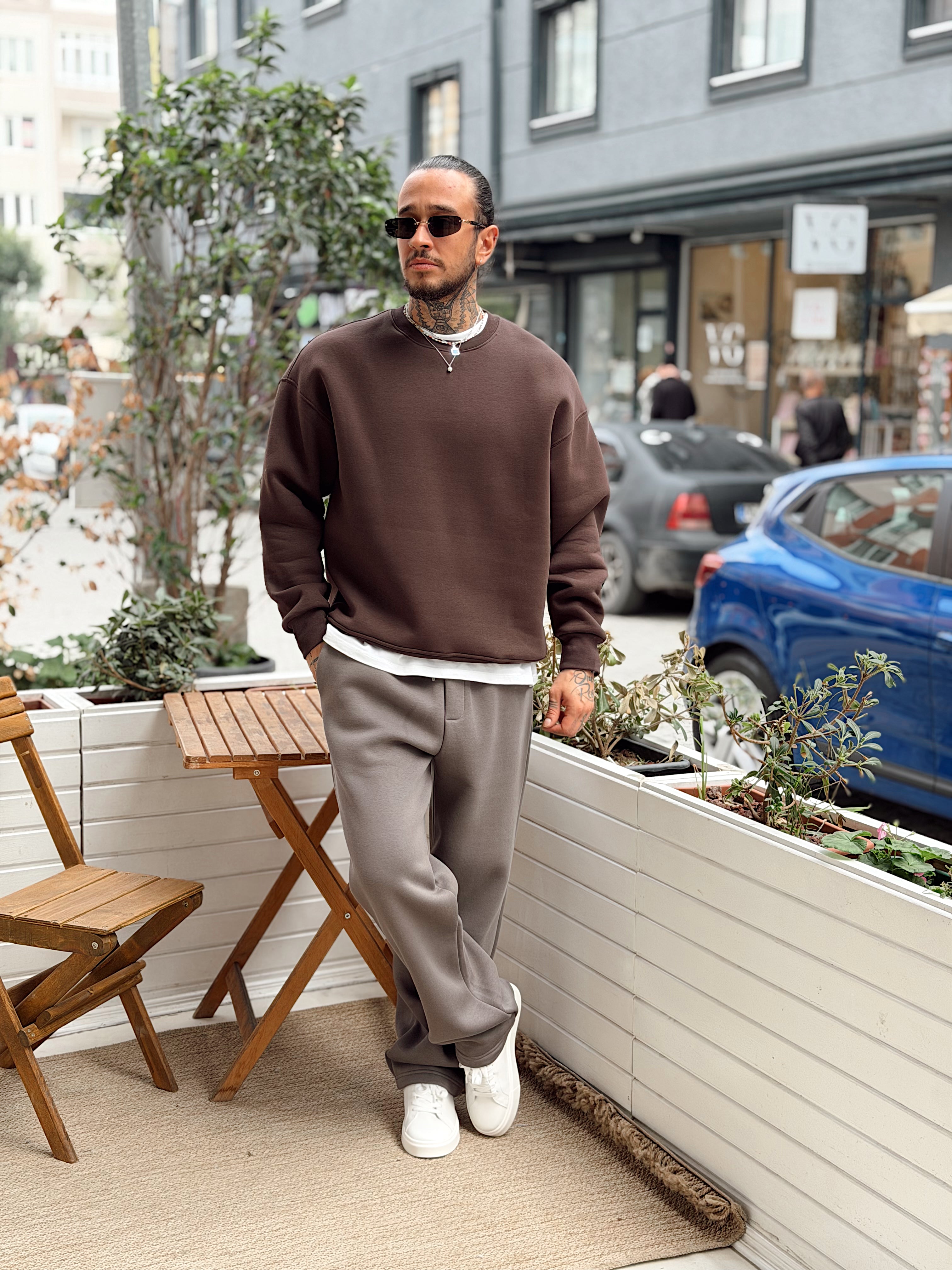 MS4109 - Oversize Basic Şardonlu Sweatshirt kahve