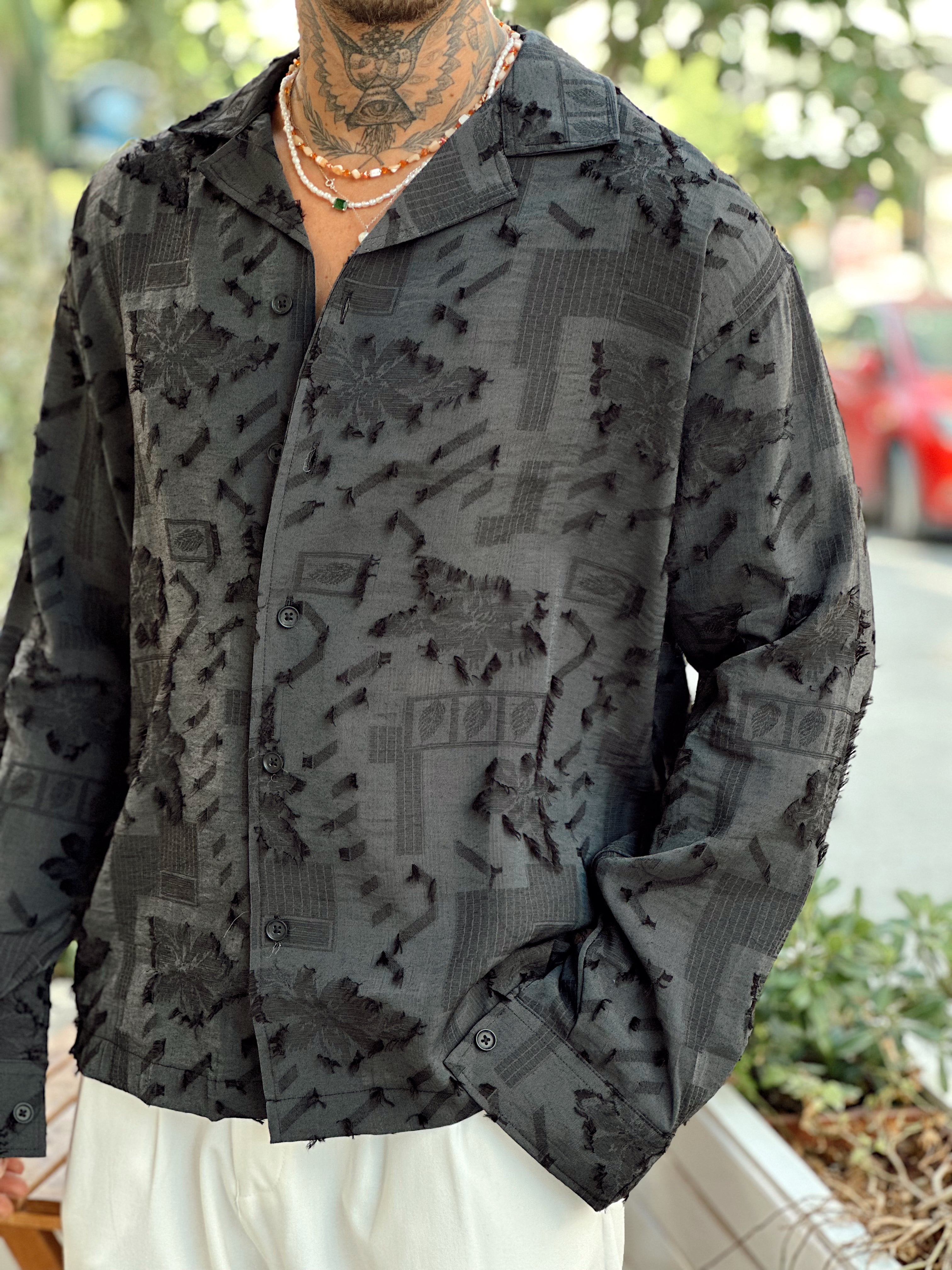 MG3021 -Oversize Püskül Detaylı Gömlek siyah