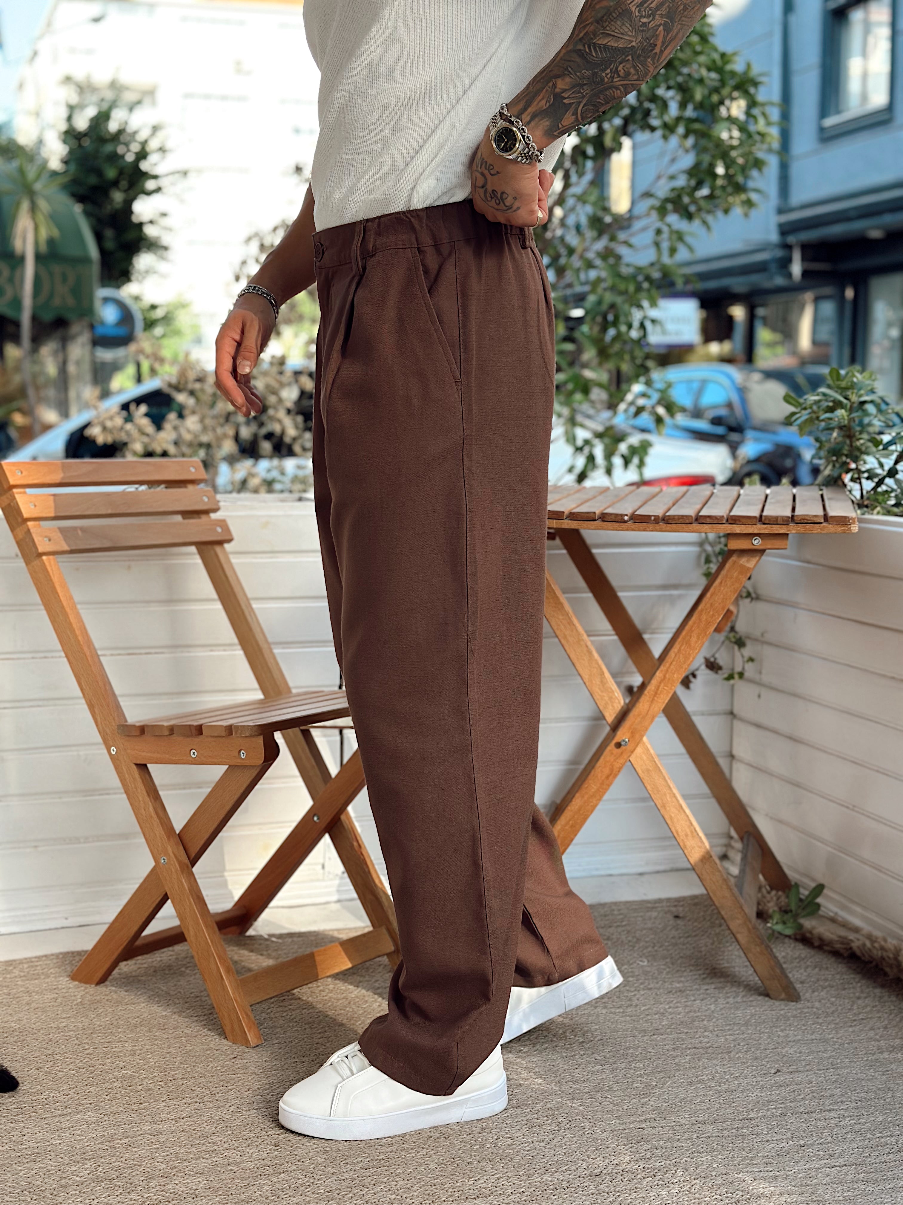 MP3067 - Baggy Pileli keten Pantolon kahve