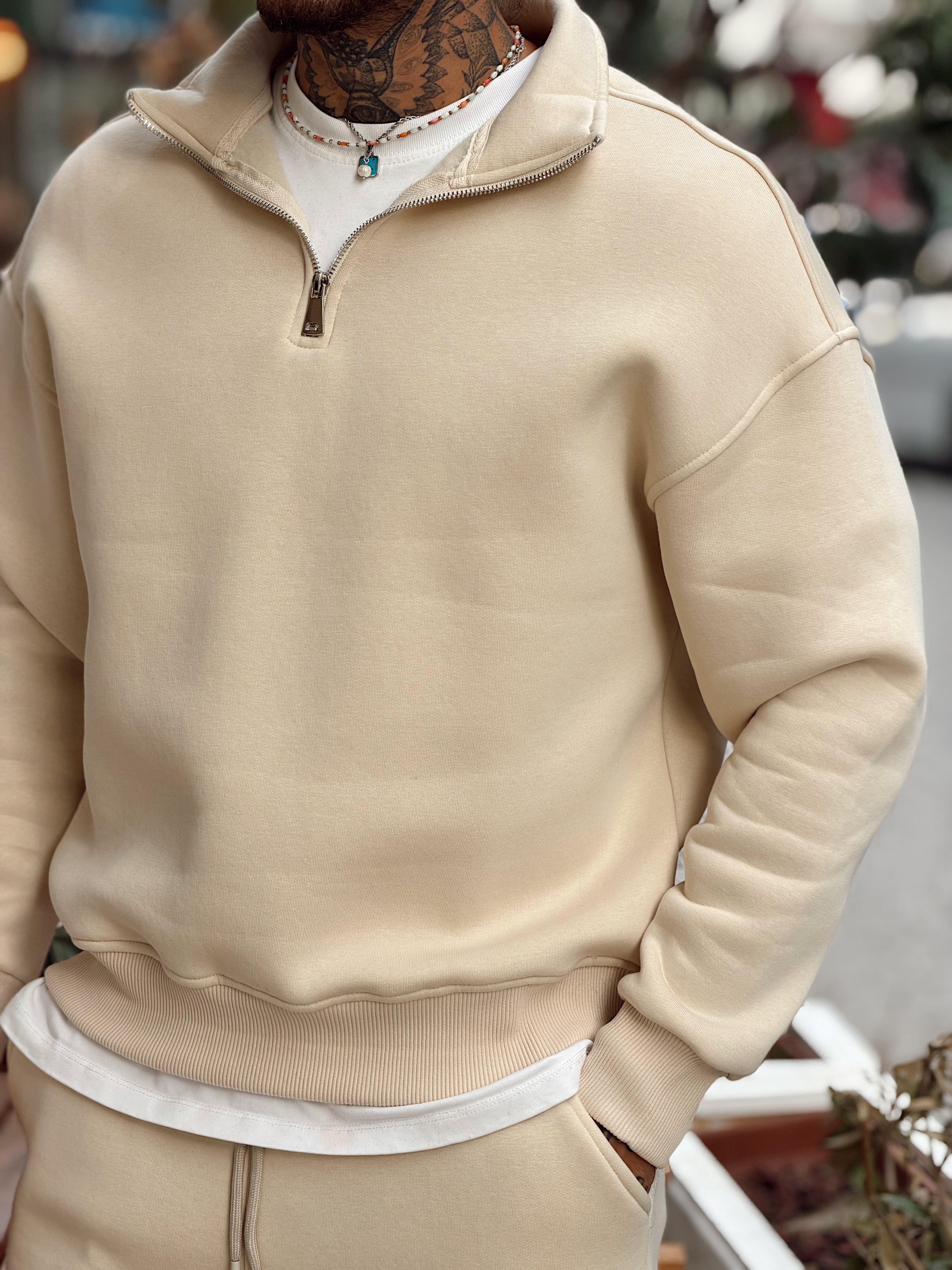 MT4120 - Şardonlu Yakası Fermuarlı Alt Üst Takım krem