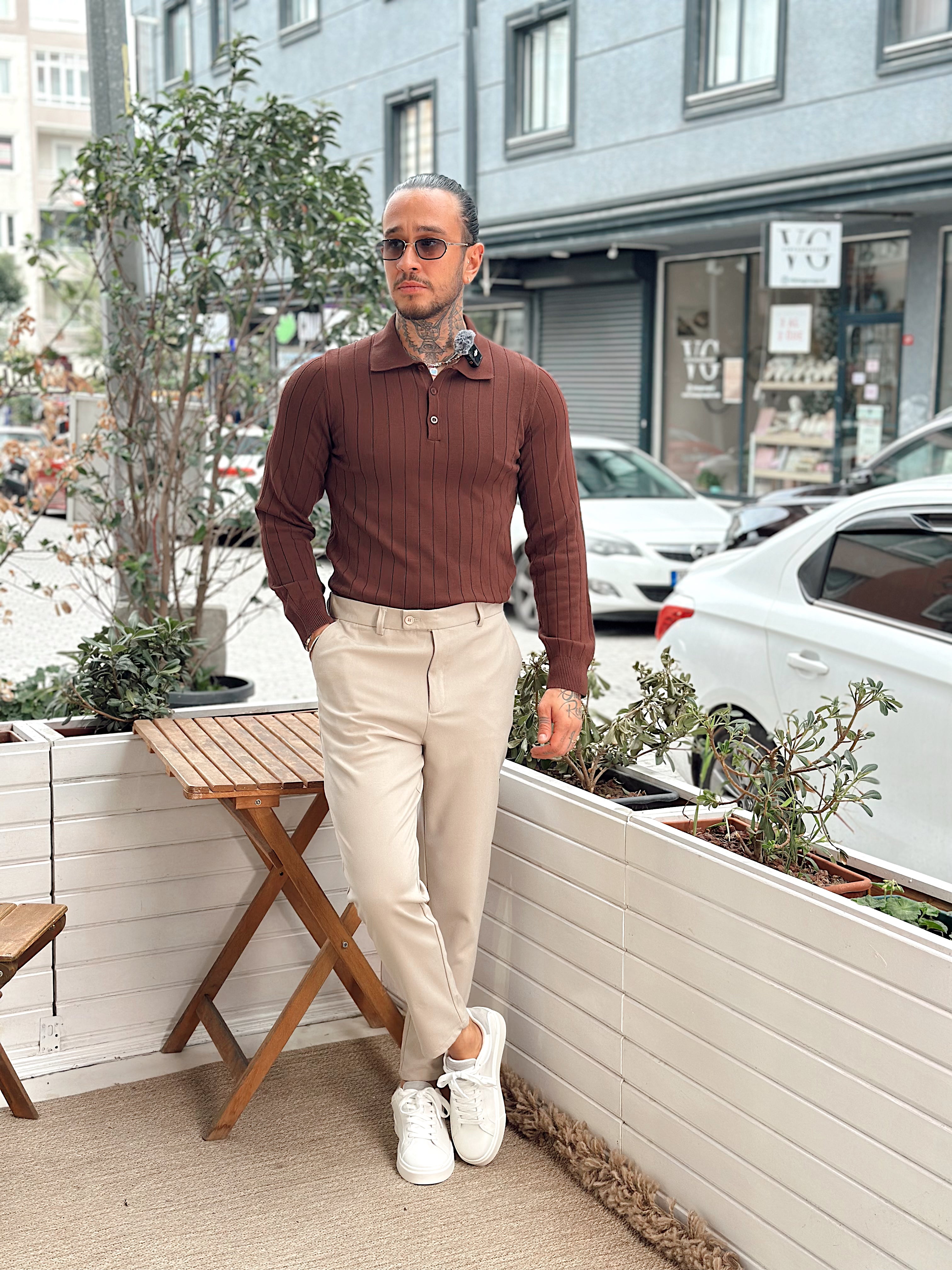 MS4087 - Yakası Düğmeli Fitilli Basic Sweatshirt kahve