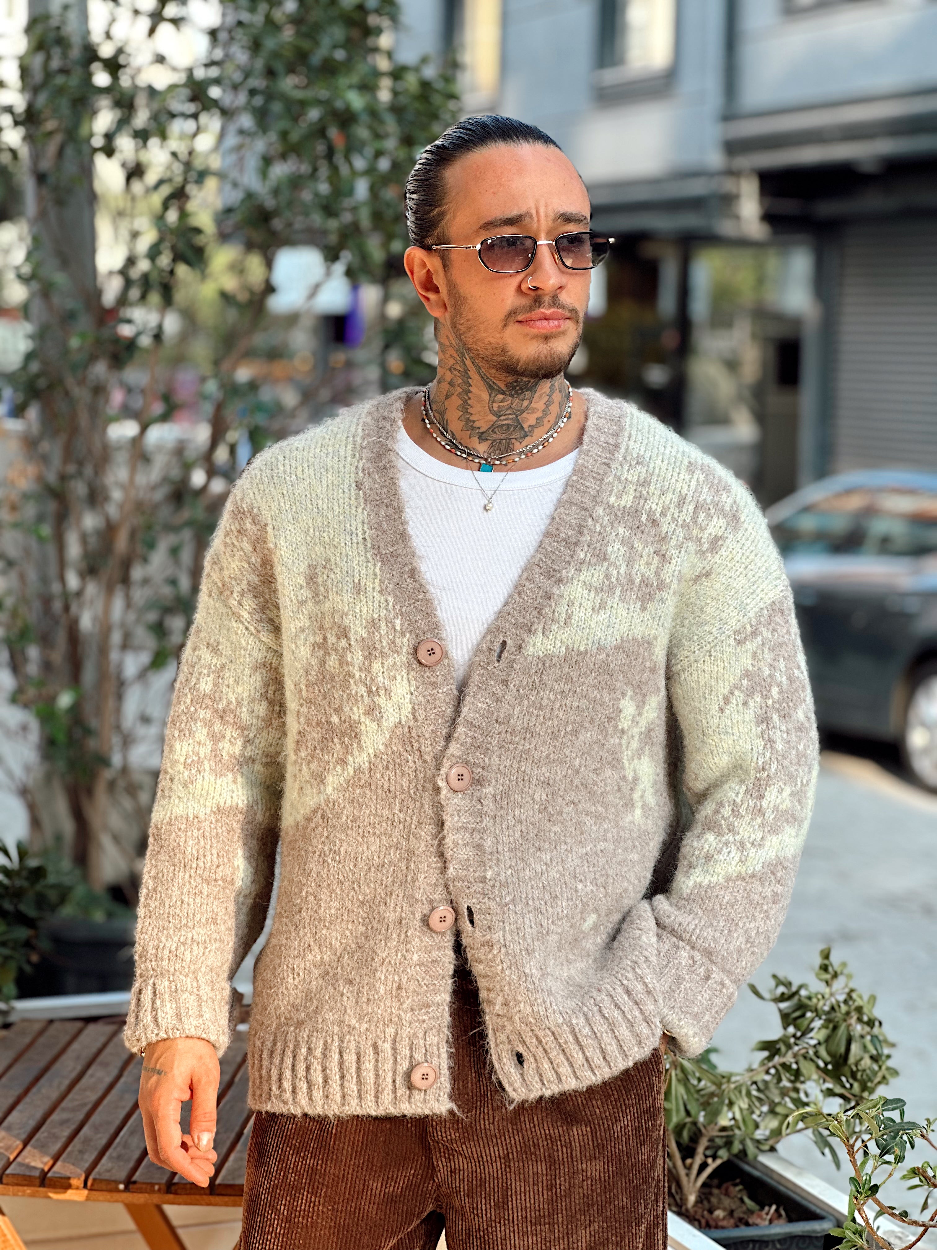 MS4084 - Oversize Çift Renk Yün Hırka kahve