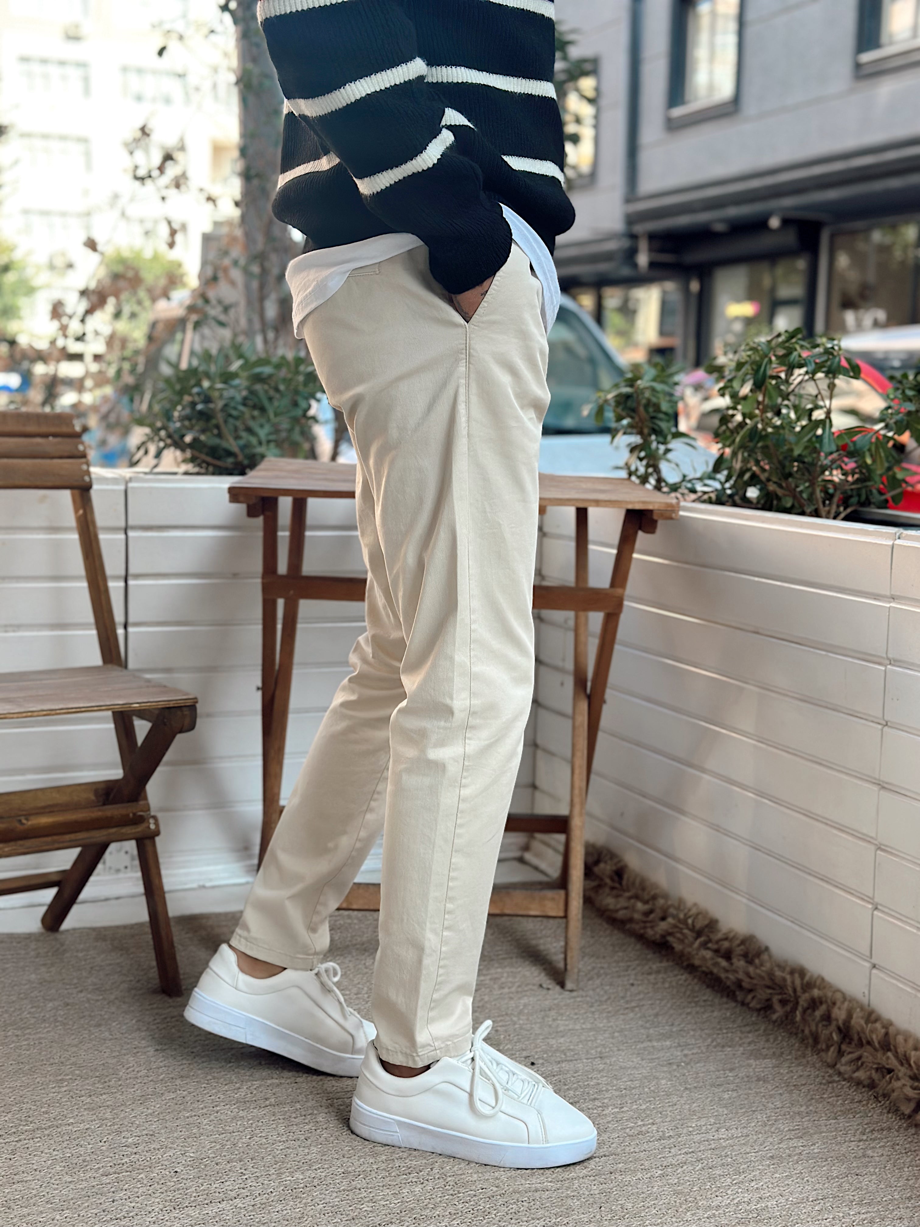 MP4048 - İtalyan Kesim Beli İpli Gabardin Pantolon krem