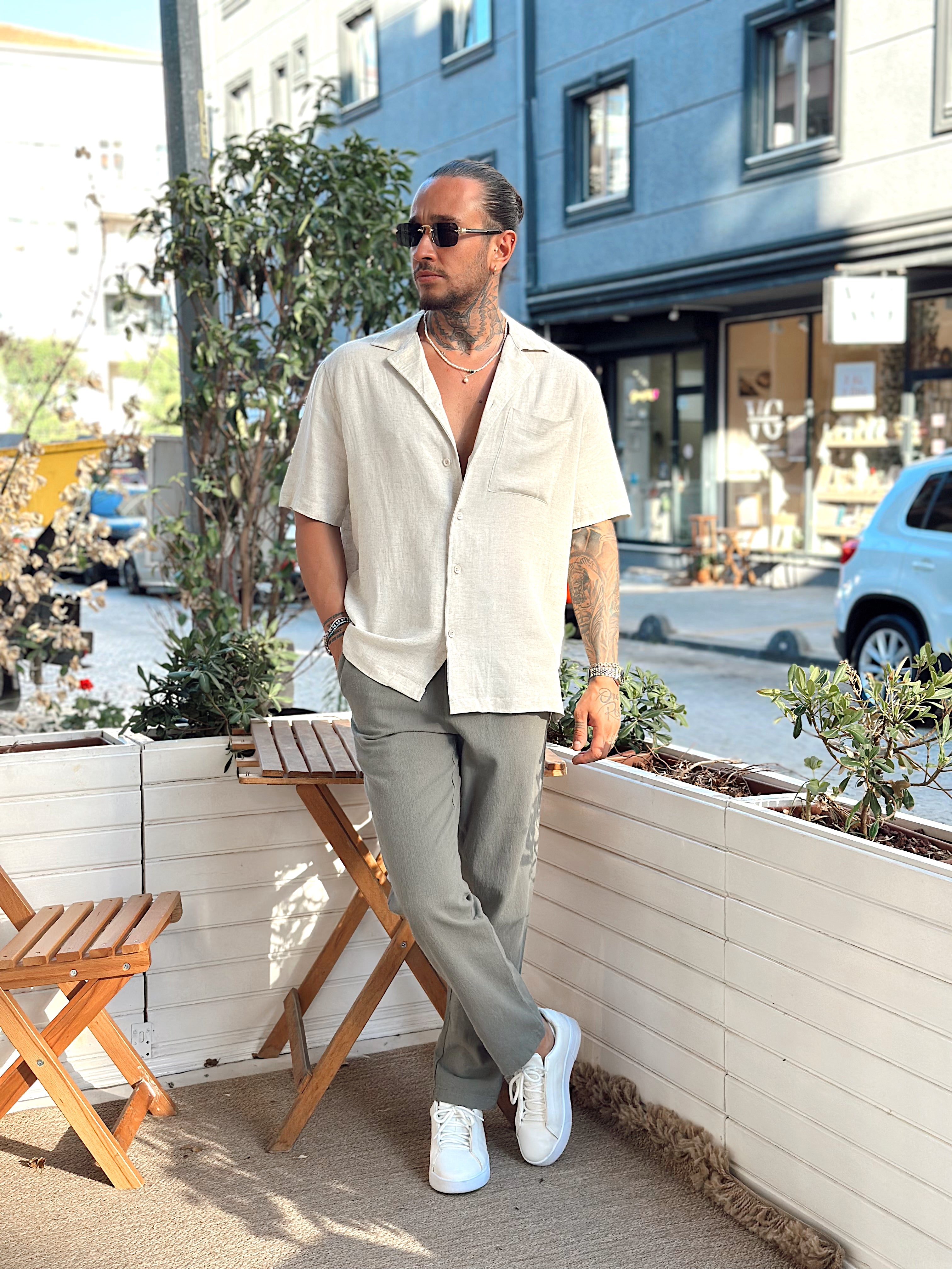 MG3076 -Tek Cepli Kısa Kollu Oversize Keten Gömlek krem