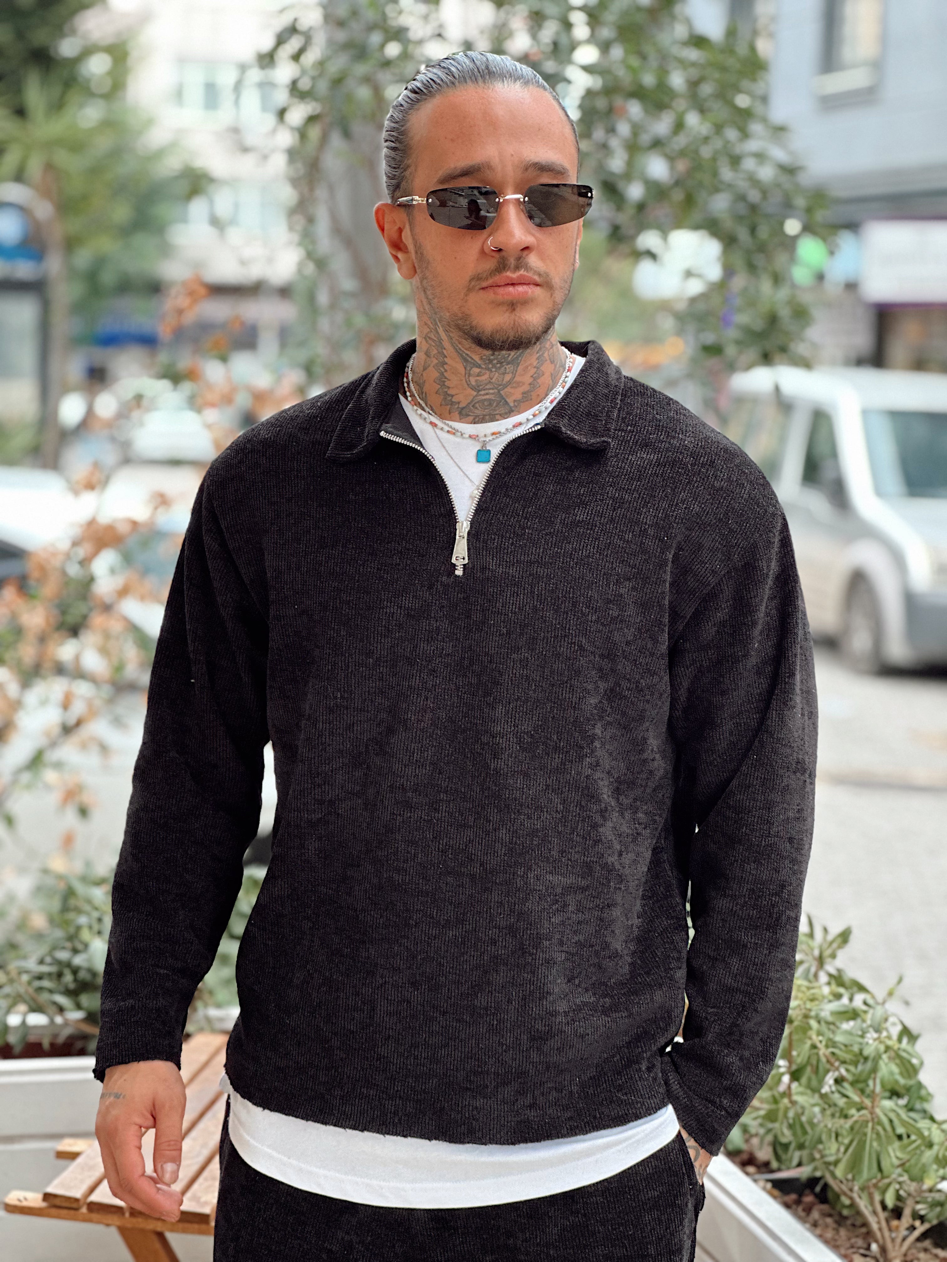 MT4070 - Kumaş Detaylı Sweatshirt Pantolon Takım siyah