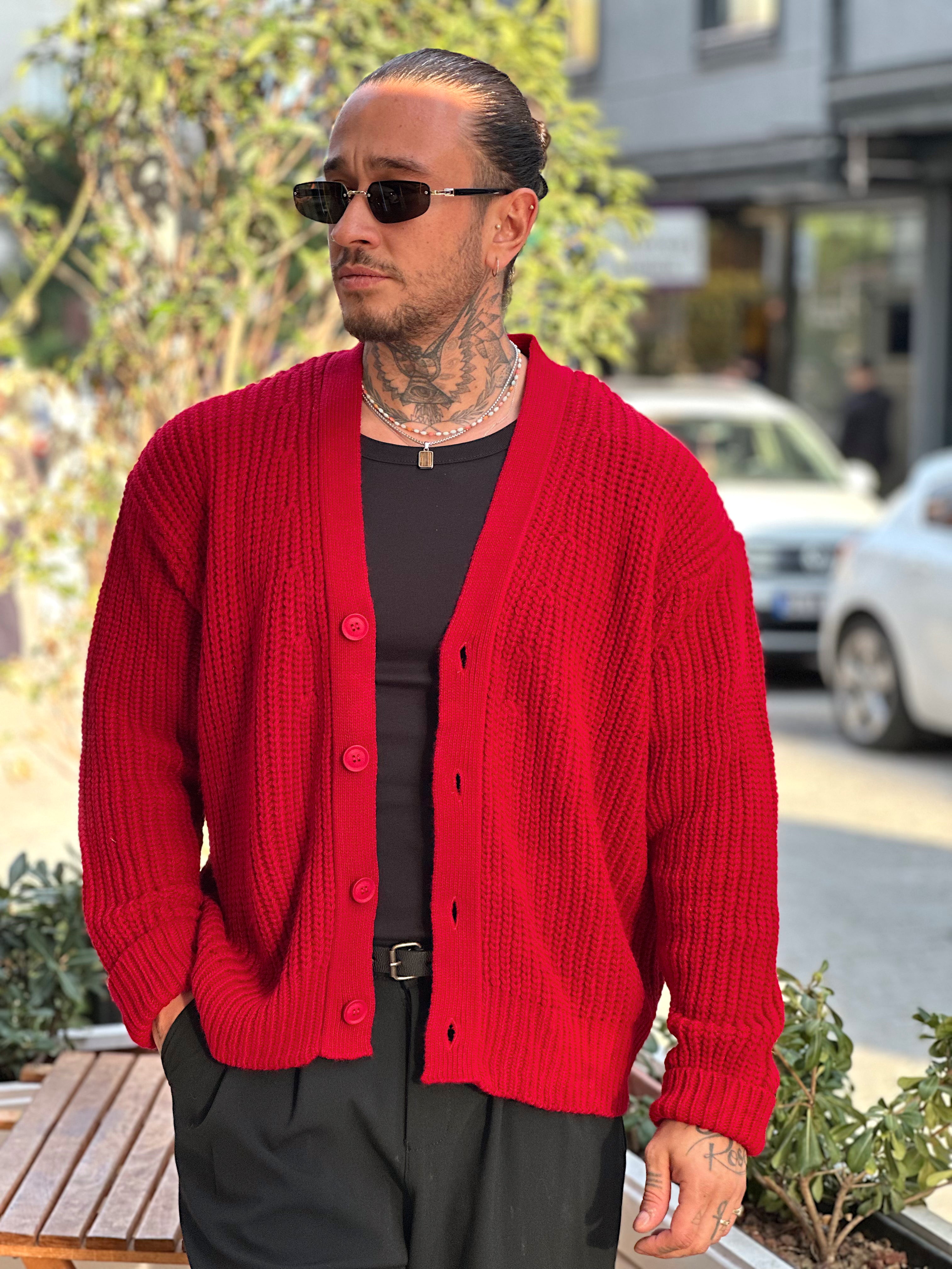 MS4002 - Oversize Örme Basic Hırka kırmızı