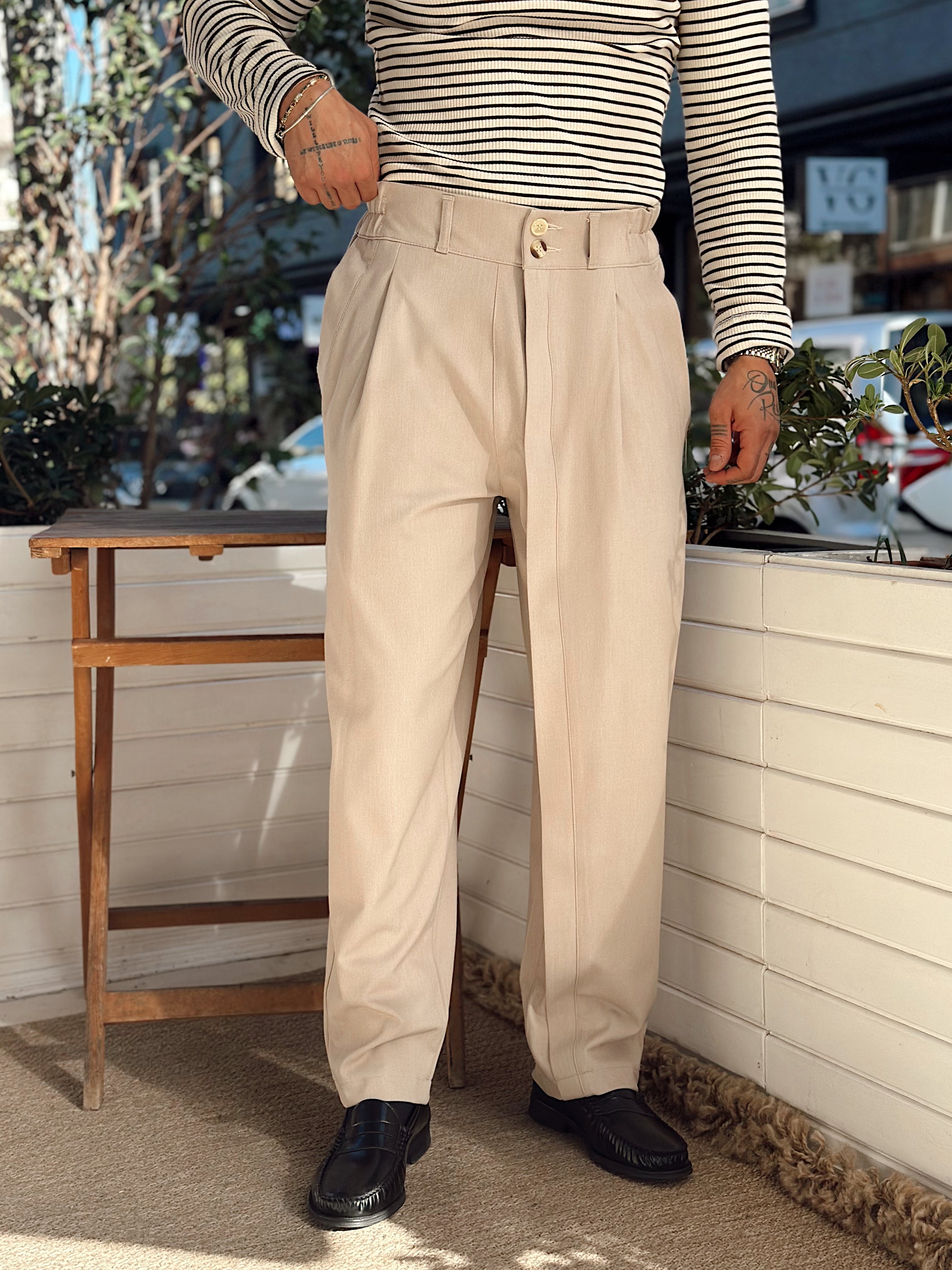 MP4040 - Çift Düğmeli Full Patlı Baggy Pantolon krem