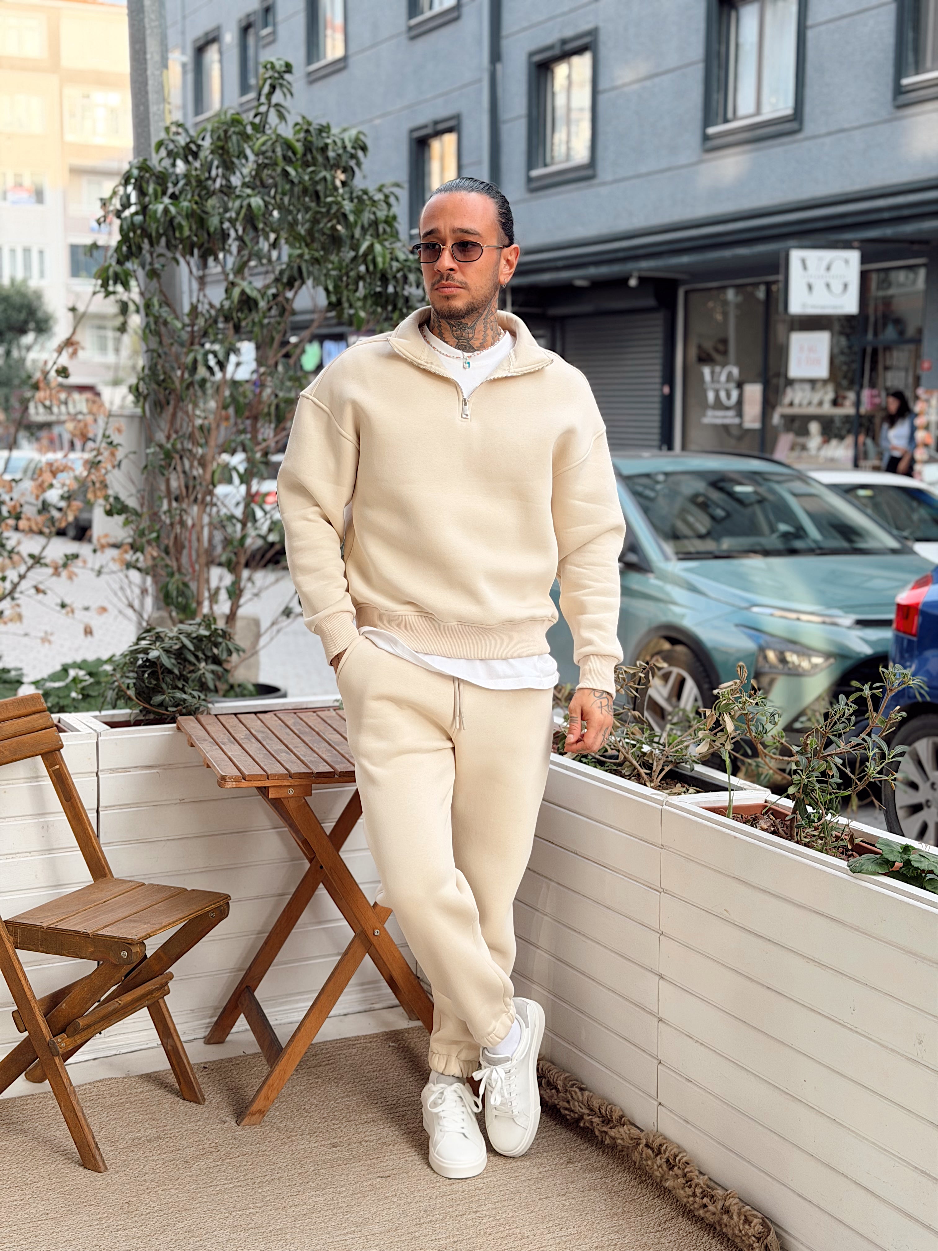 MT4120 - Şardonlu Yakası Fermuarlı Alt Üst Takım krem