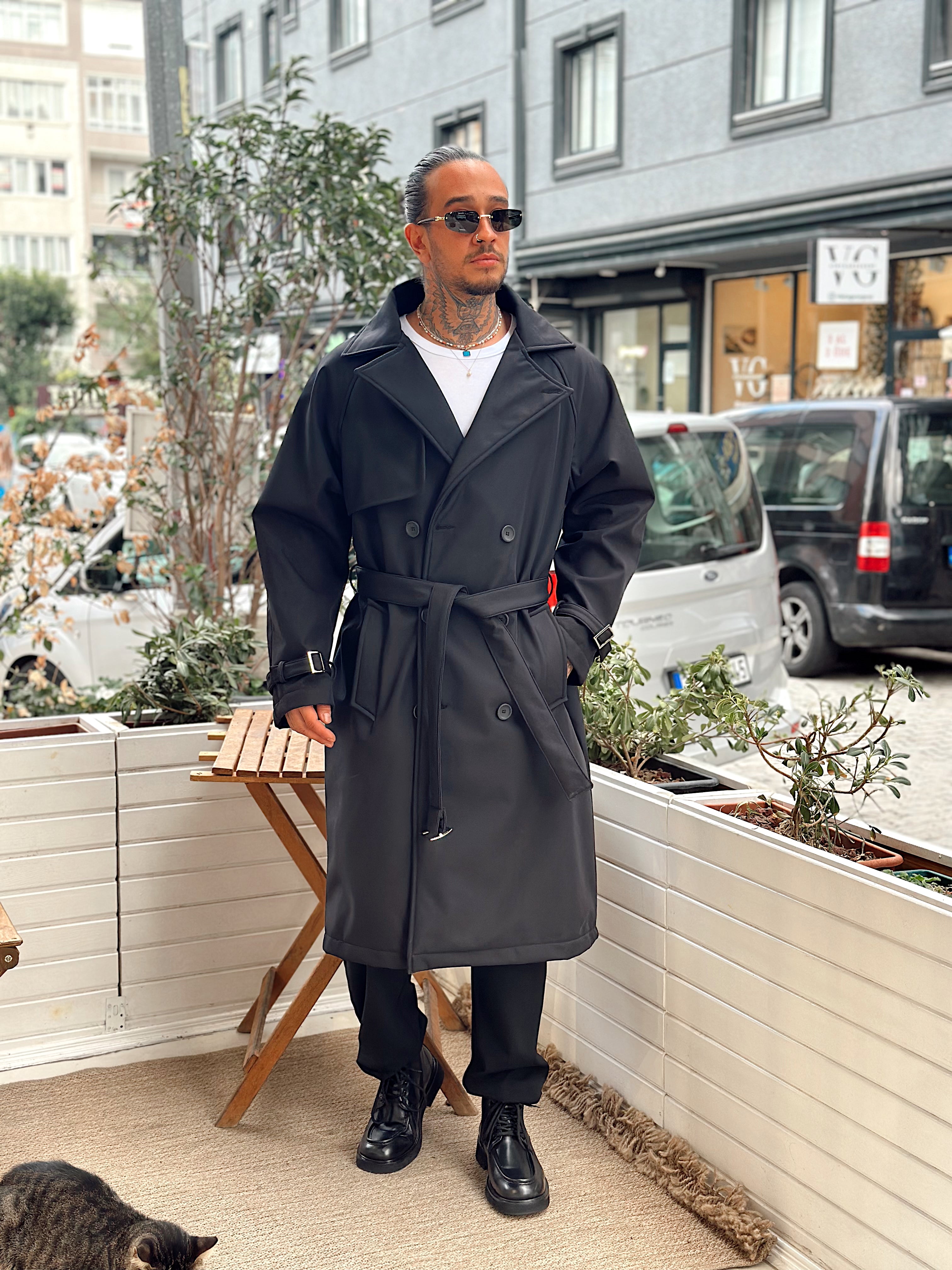MM4068 - Giesto Oversize Kemerli Trench Coat siyah