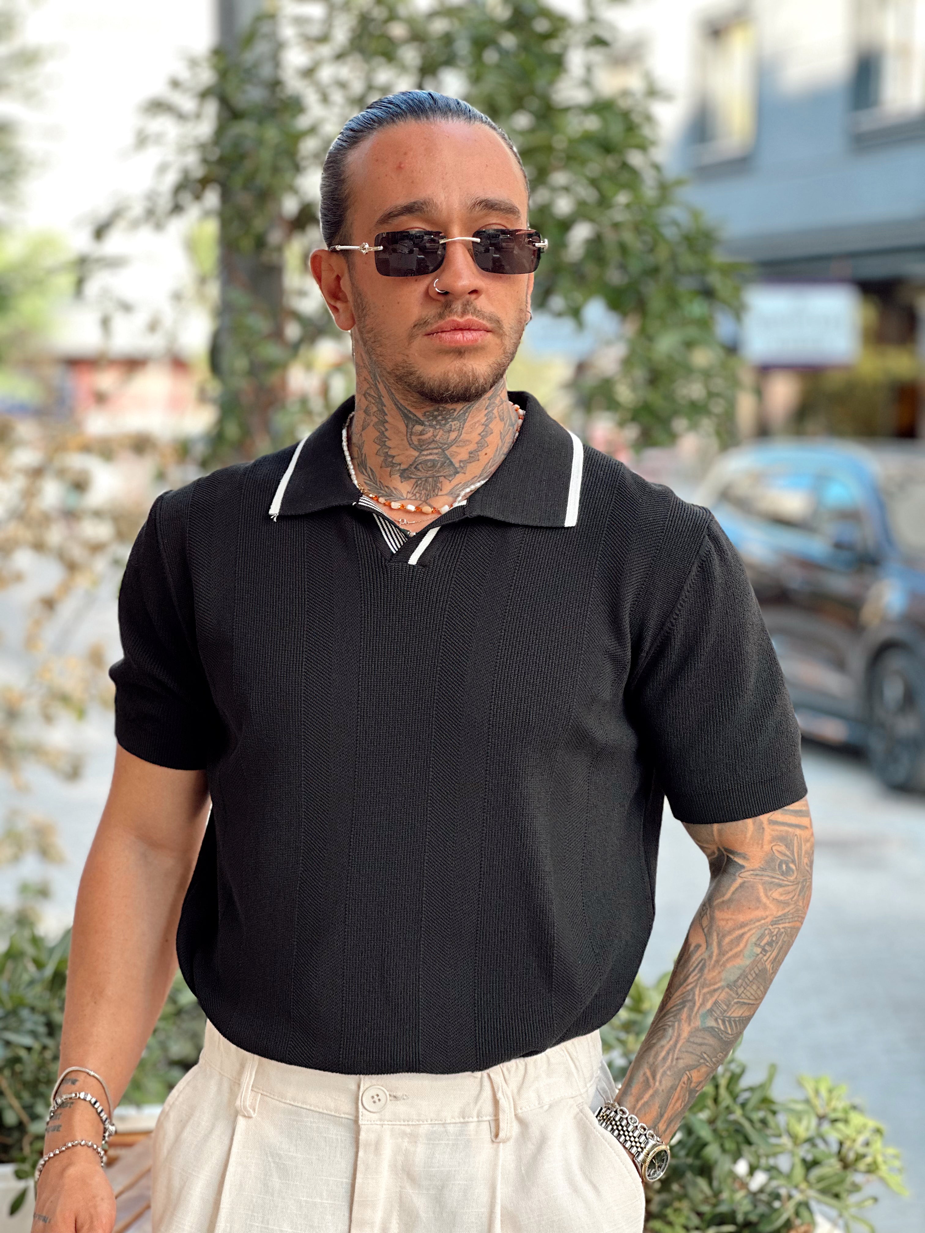 MT3046 - Yaka Şerit Detaylı Polo Yaka Triko siyah