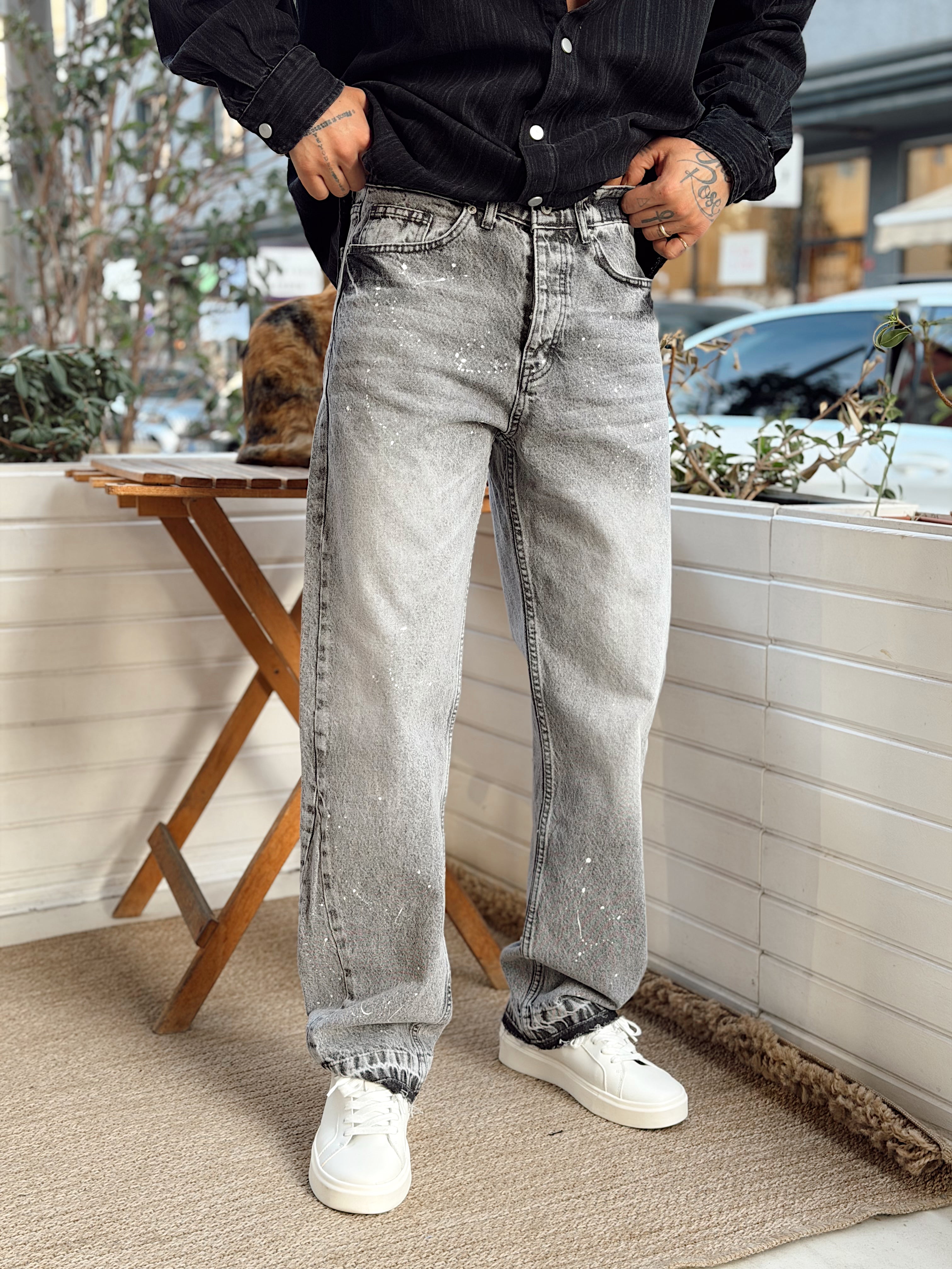 MP4128 - Paça Detaylı Sıçratmalı Regular Pantolon gri 3261