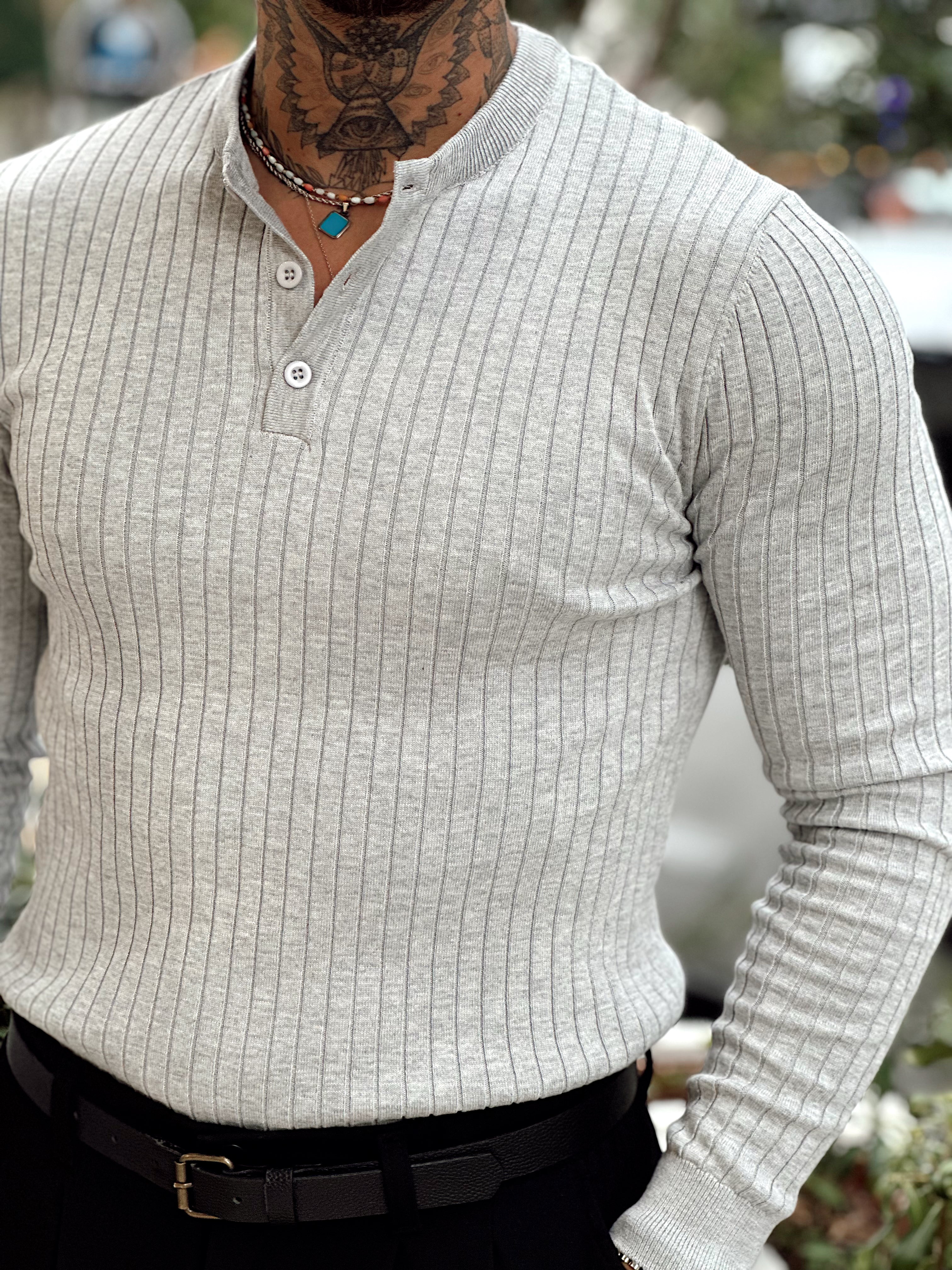 MS4057 - Fitilli Yakası Düğmeli Sweatshirt gri