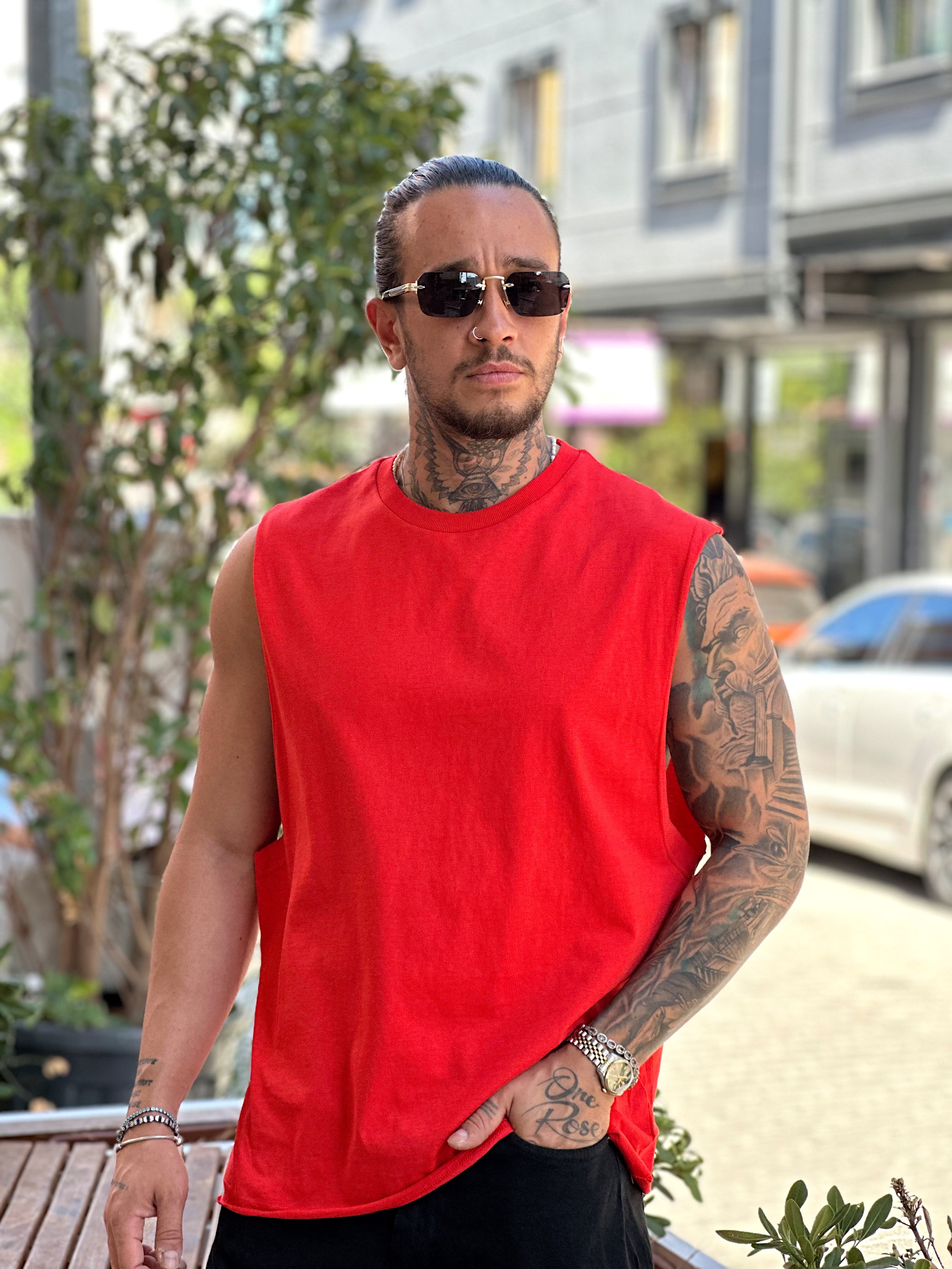 MT3080- Basic Kolsuz Oversize T-Shirt kırmızı