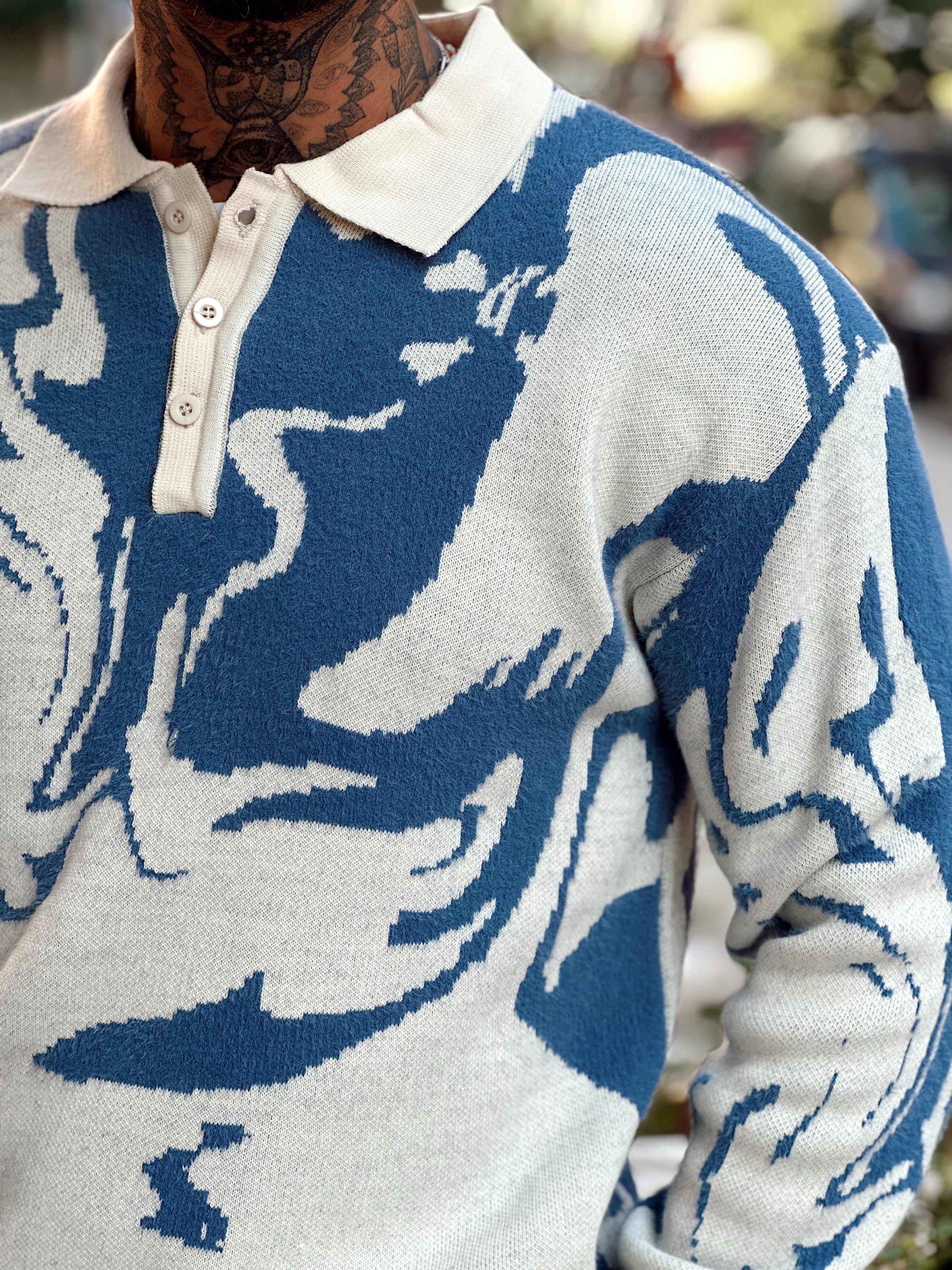 MS4054 - Karışık Desenli Triko Polo Yaka Sweatshirt Mavi