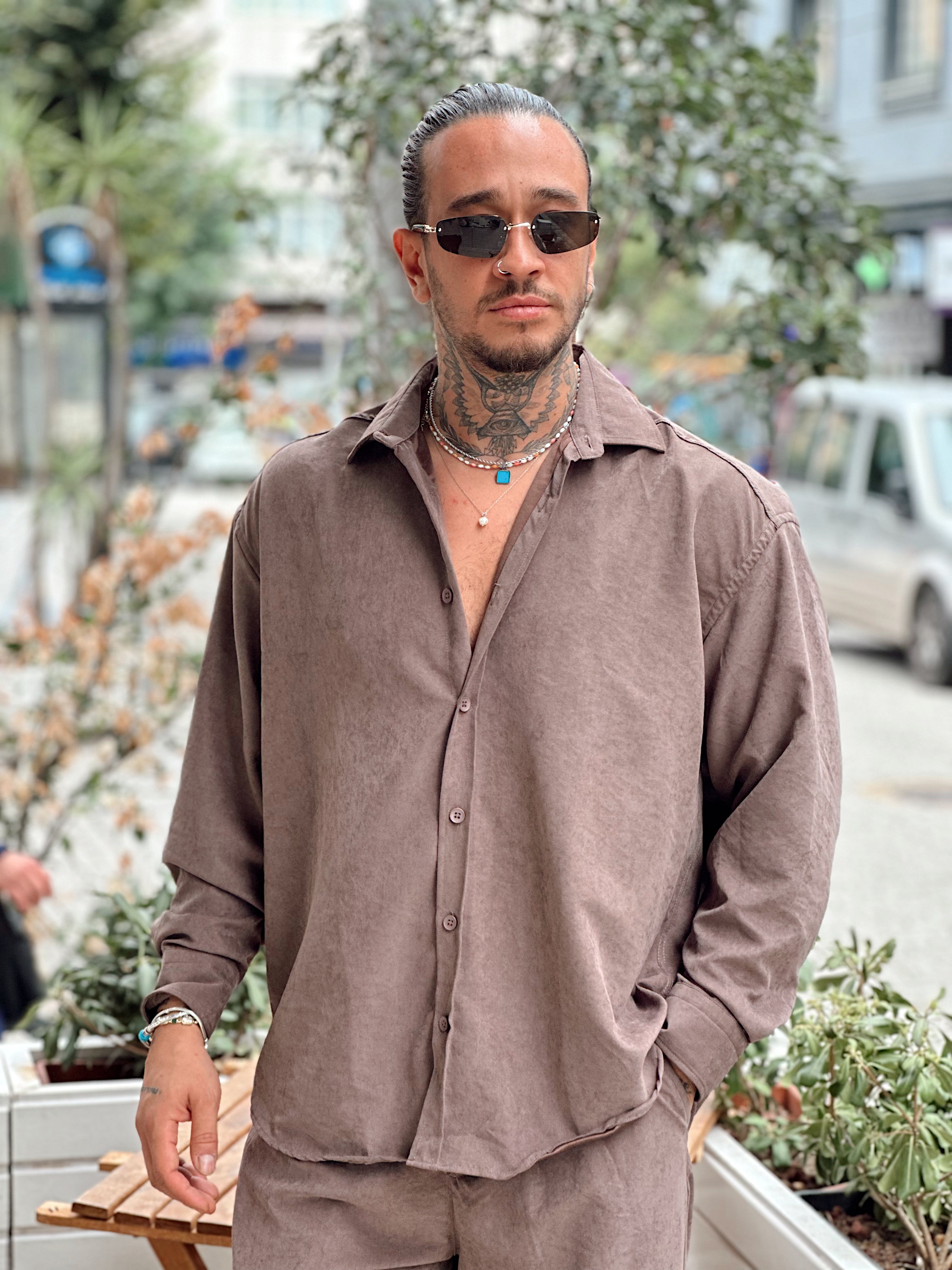 MT4046 - Modal Kumaş Gömlek-Pantolon Takım kahve