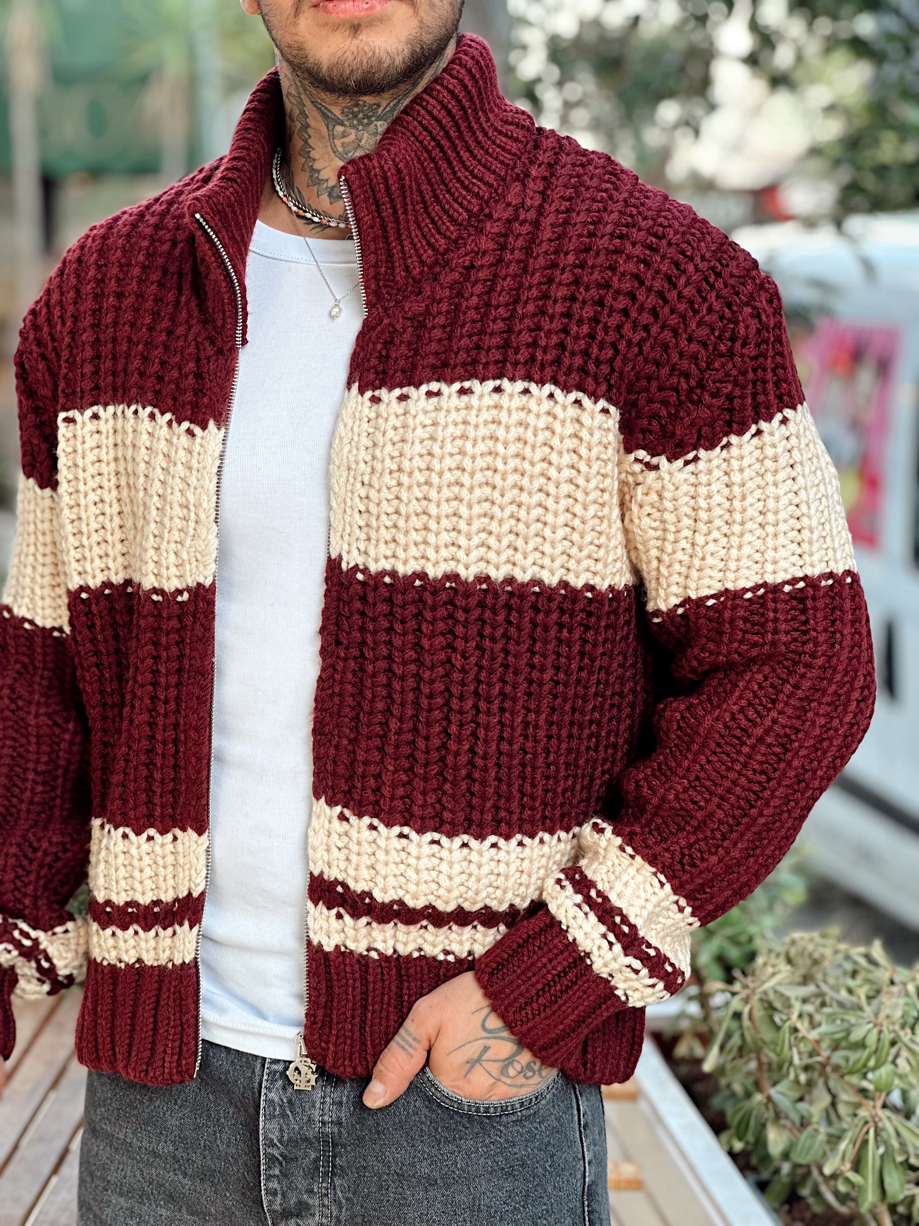MS4092 - Çift Renk Çelik Örme Fermuarlı Hırka bordo