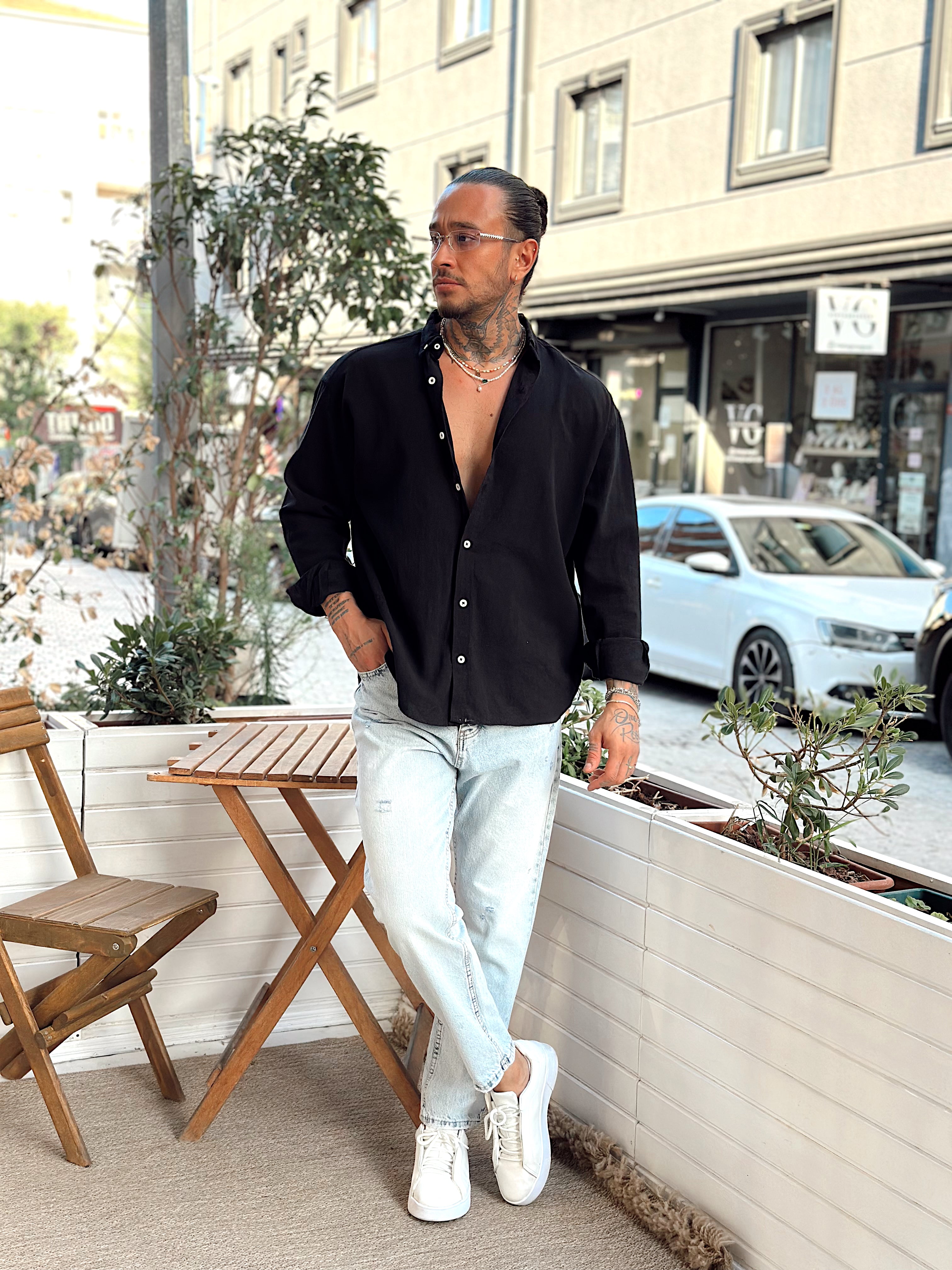MG3233 - Oversize Krinkıl Keten Gömlek siyah