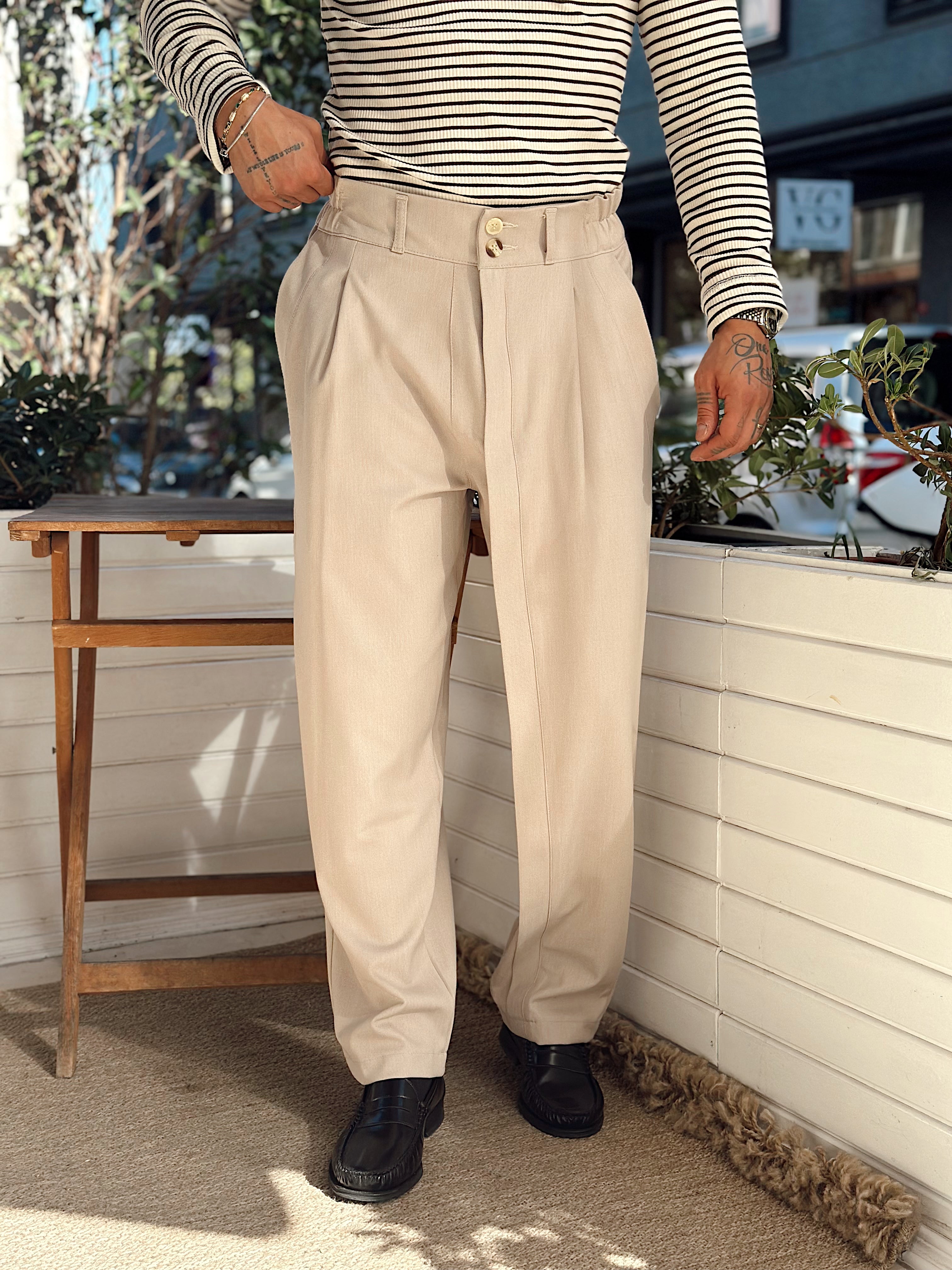 MP4040 - Çift Düğmeli Full Patlı Baggy Pantolon krem