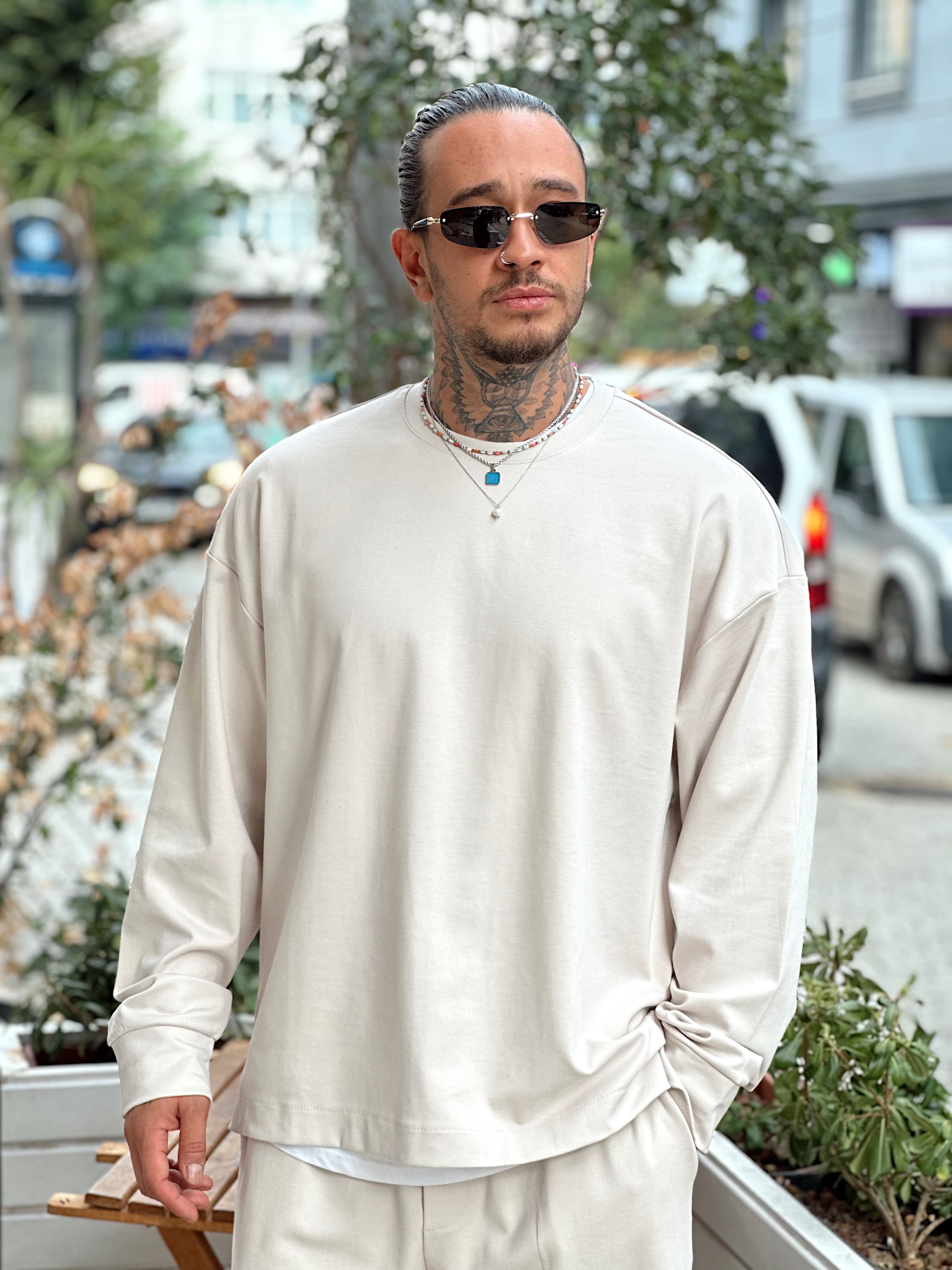 MT4066 - Modal Kumaş Sweatshirt Pantolon Takım krem
