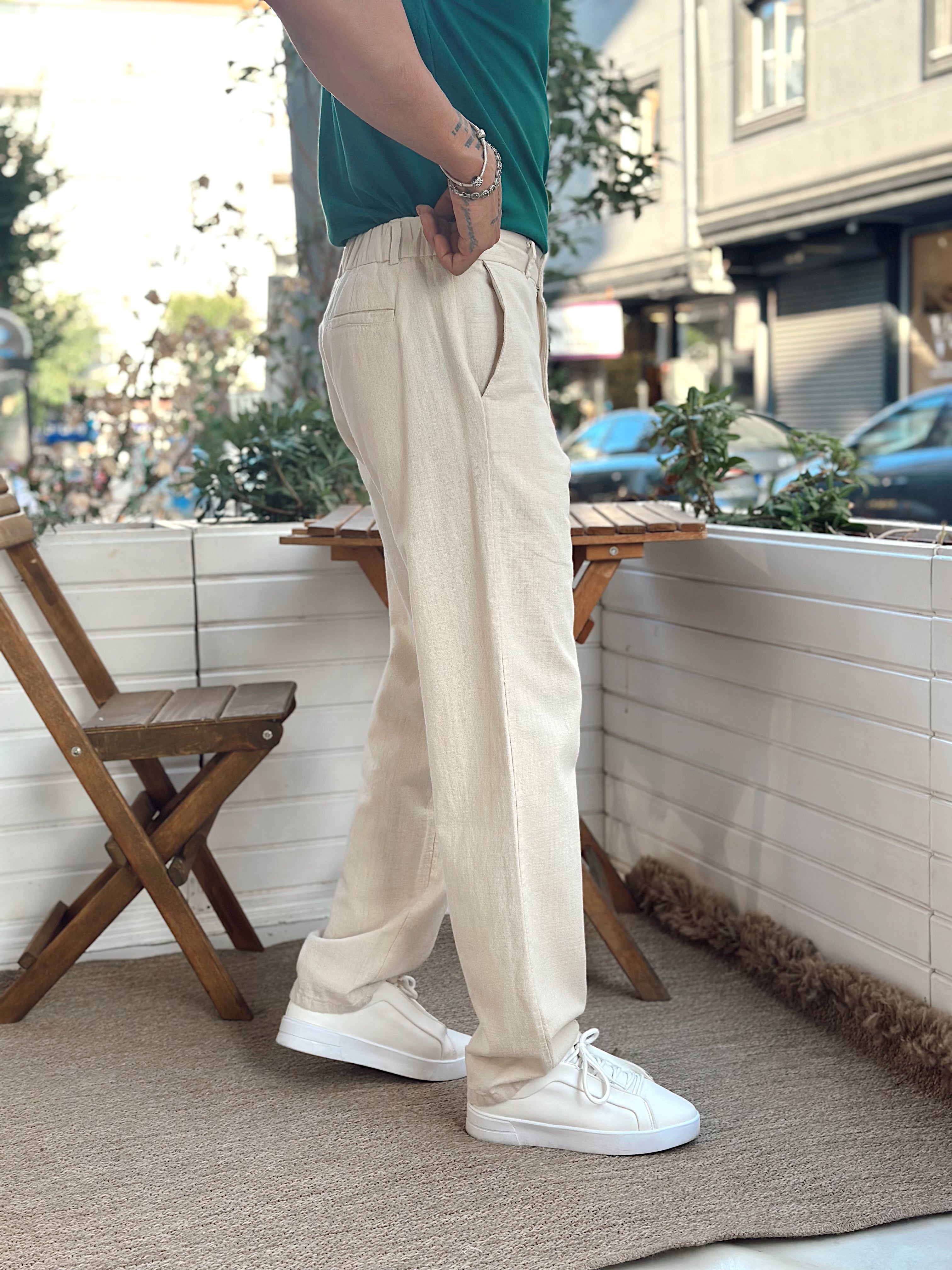 MP3209 - Regular Kalıp Keten Pantolon Krem