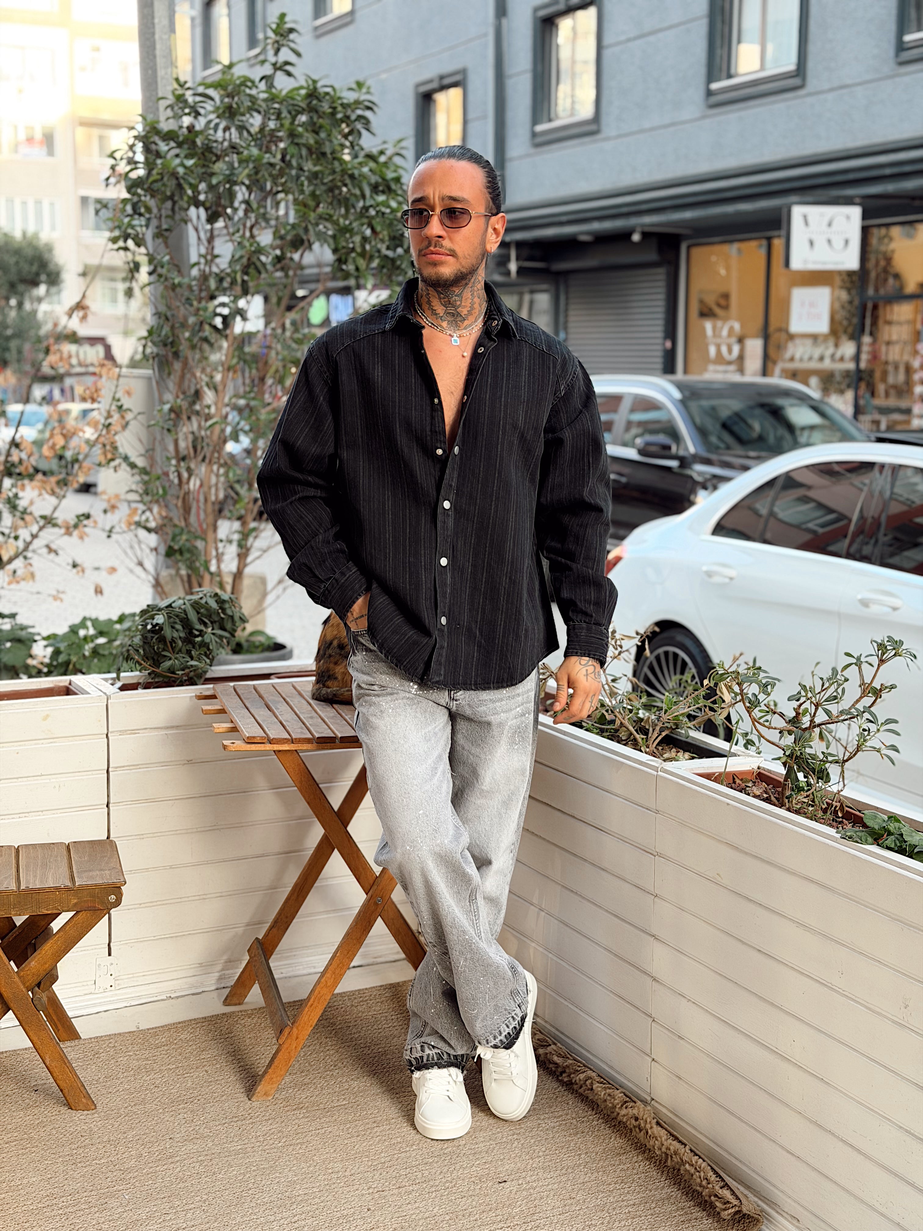 MG4130 - Eskitmeli Oversize Kot Gömlek siyah