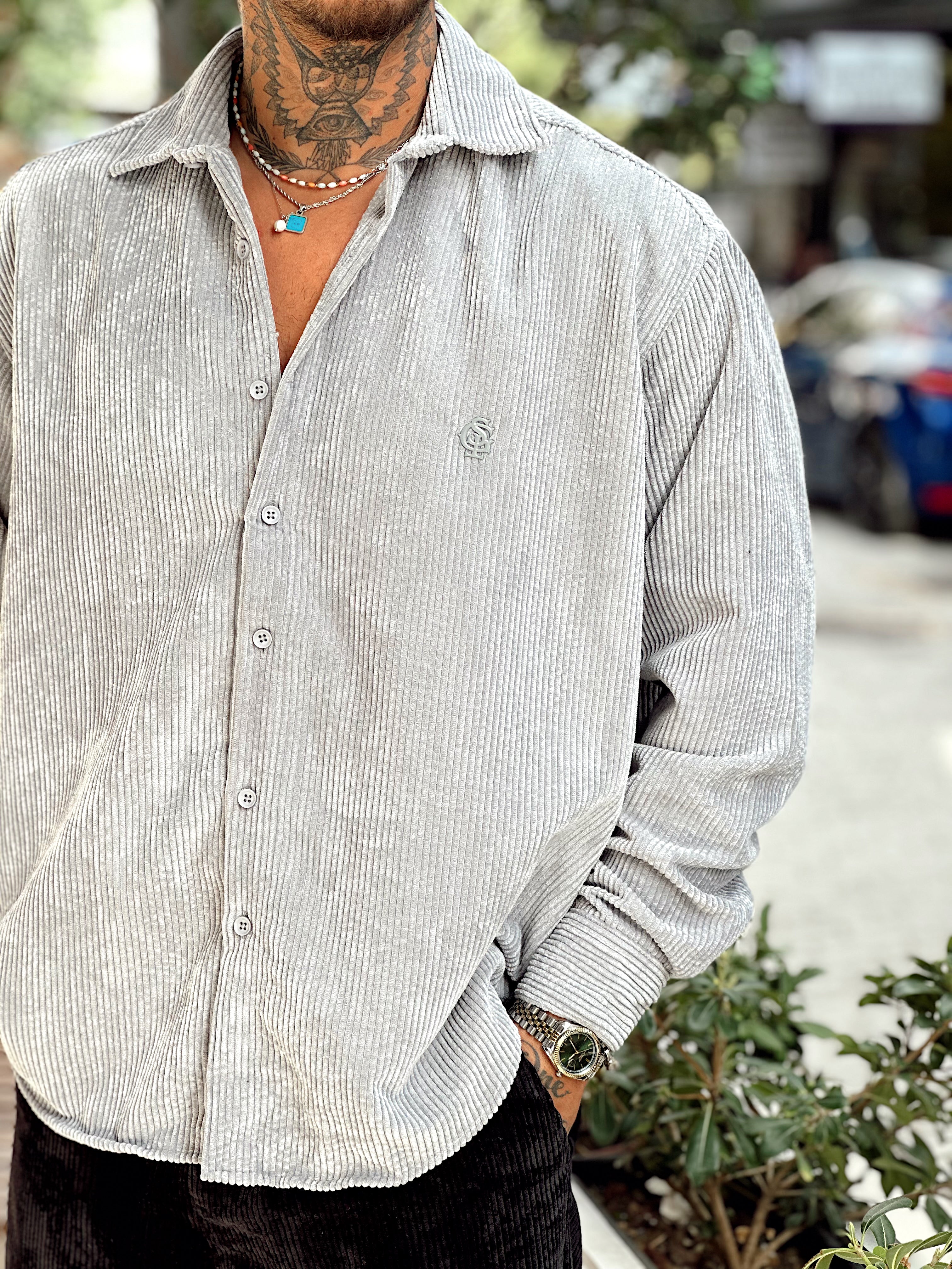 MG4003 - Oversize Basic Kadife Gömlek gri