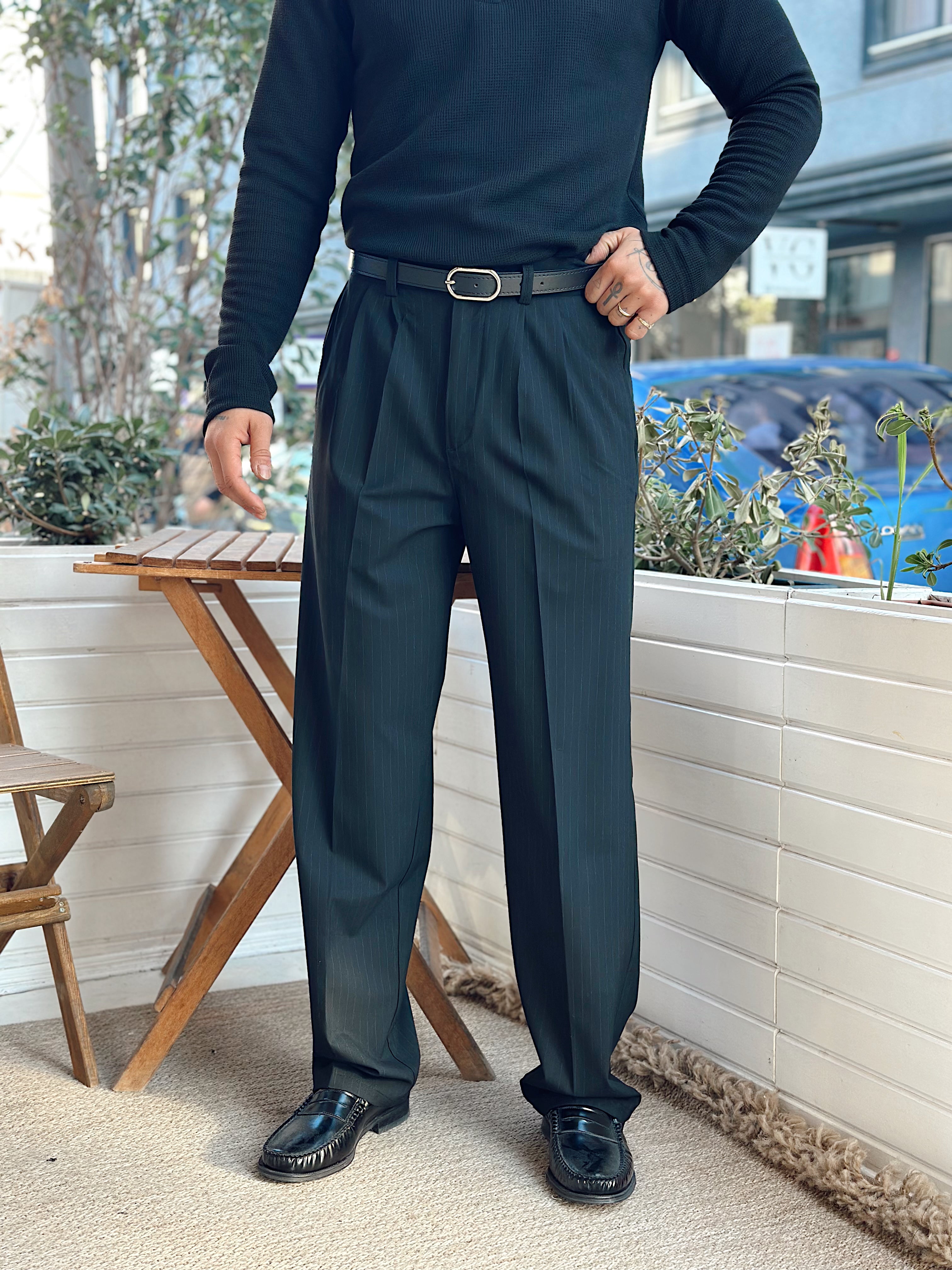 MP4098 - Giesto Çift Pileli Çizgili Baggy Kumaş Pantolon siyah