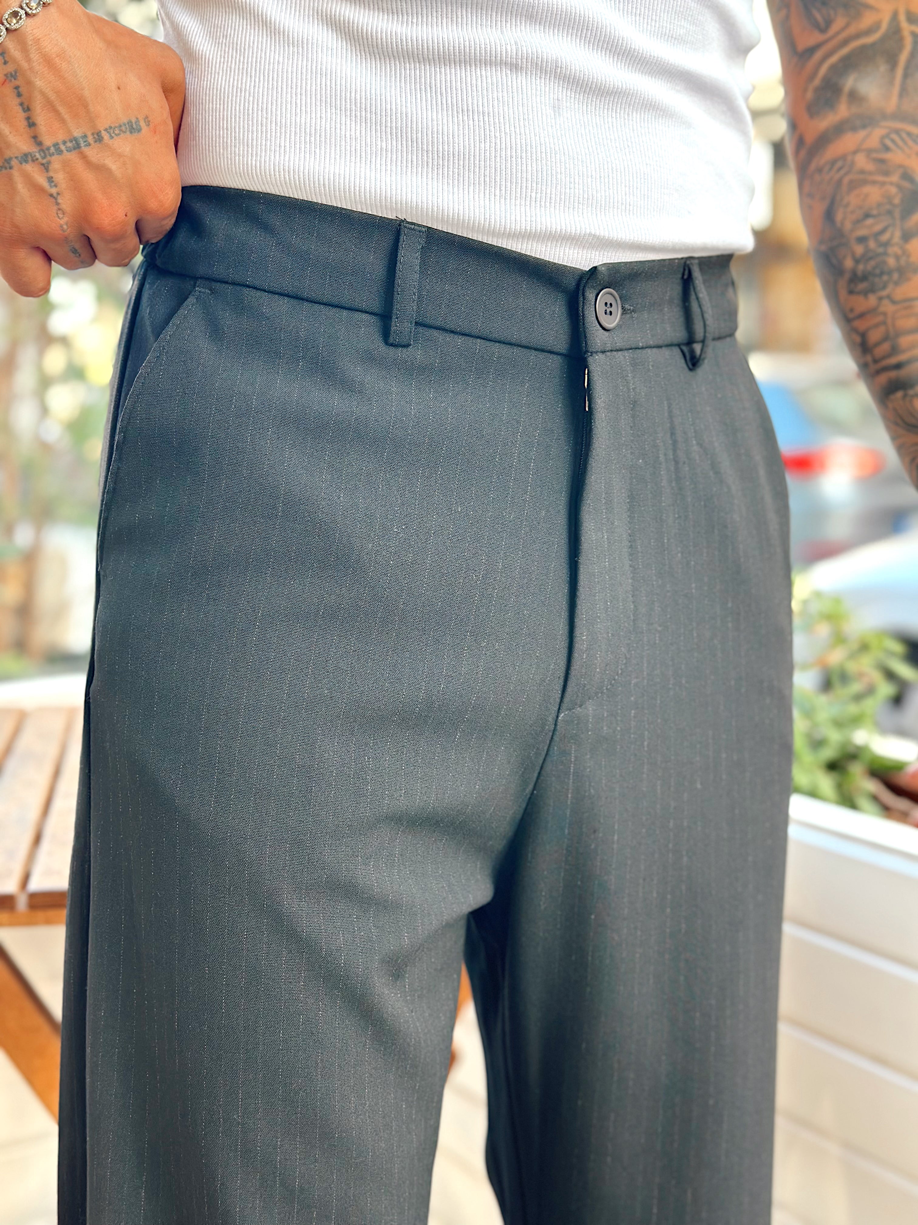 MP3208 - Çizgili Baggy Kumaş Pantolon siyah