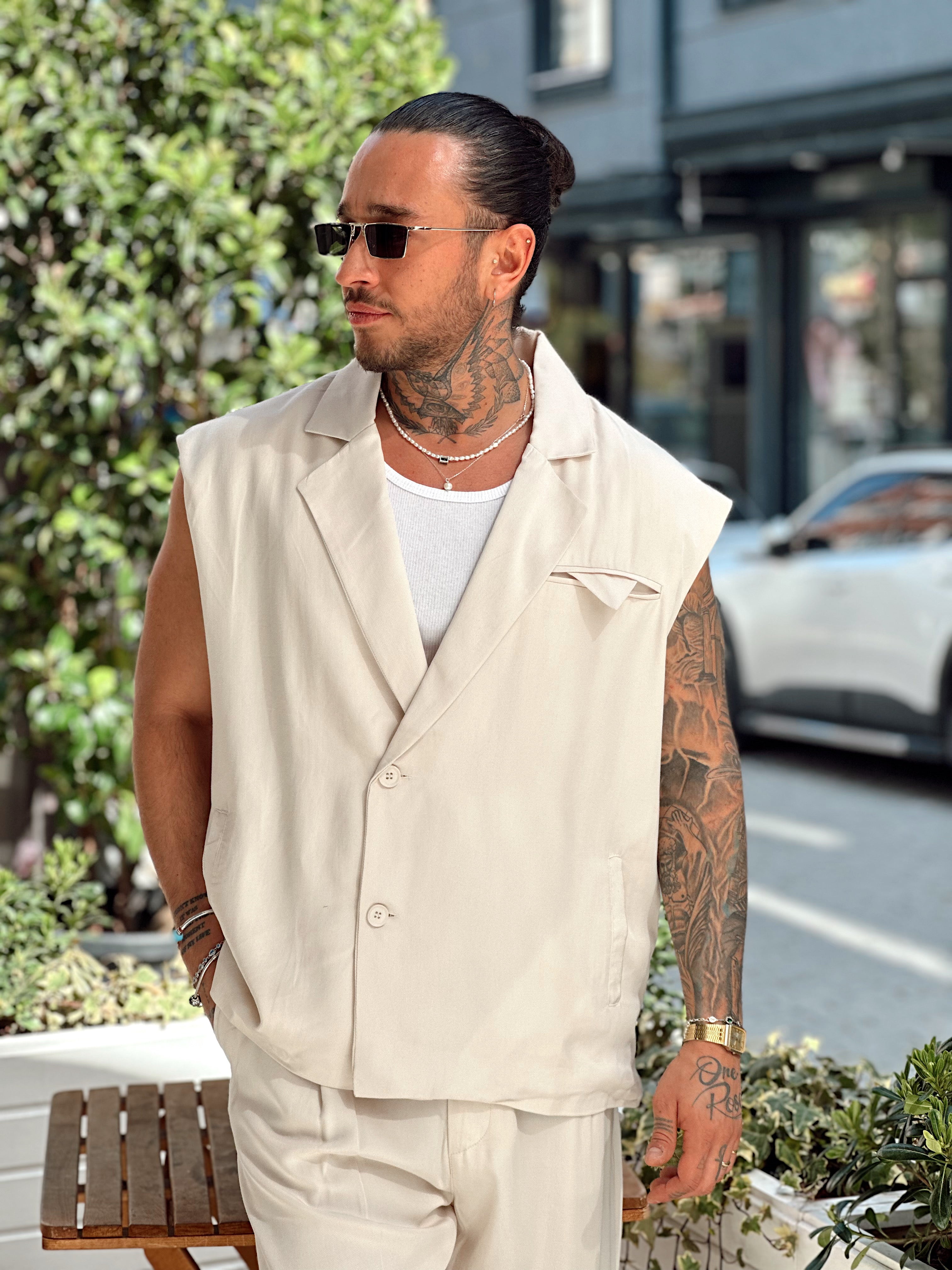 MT2761 - Gabardin Kumaş Kolsuz Ceket Pantolon Takım krem