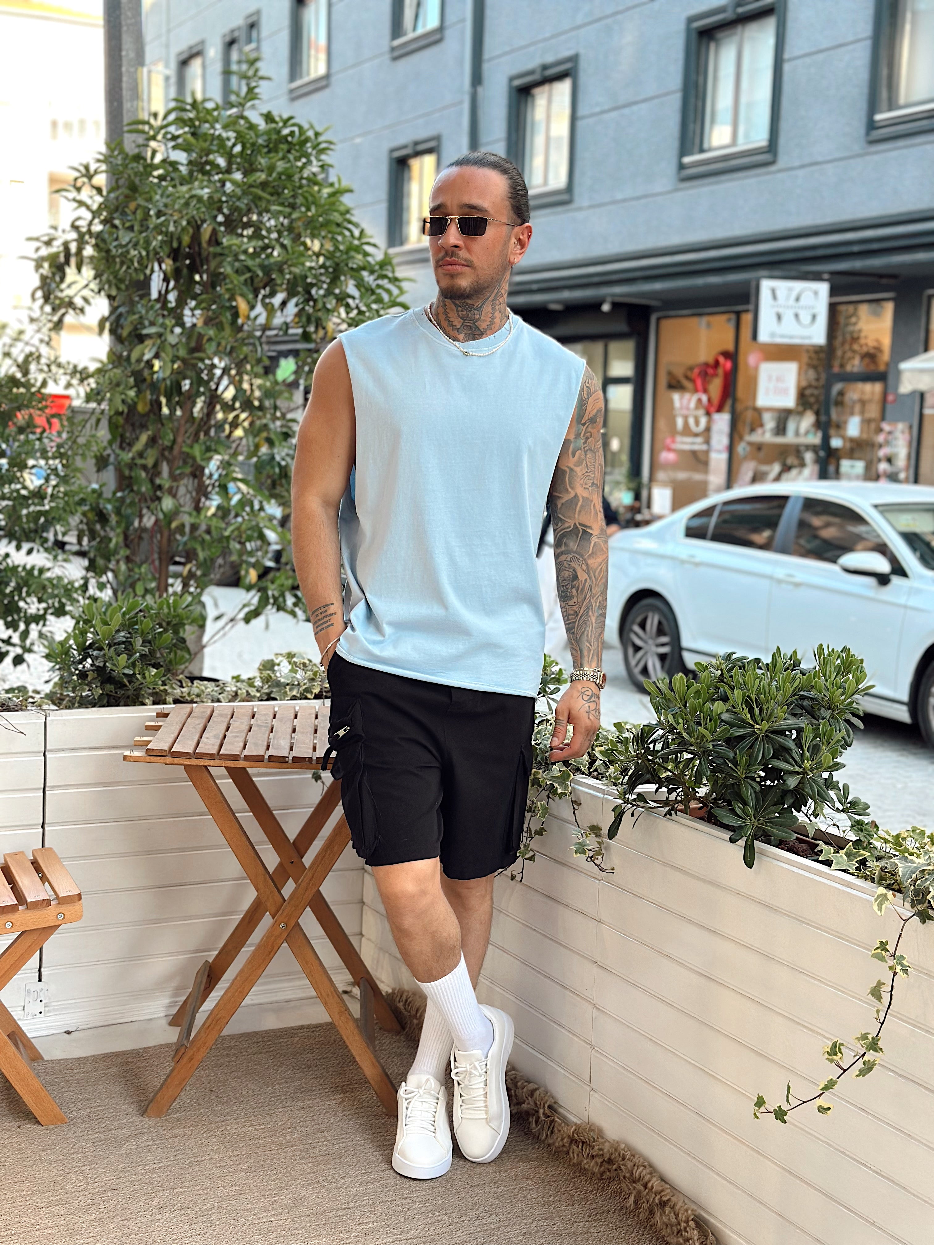 MT2665- Fırçalı Kumaş Kolsuz T-Shirt mavi