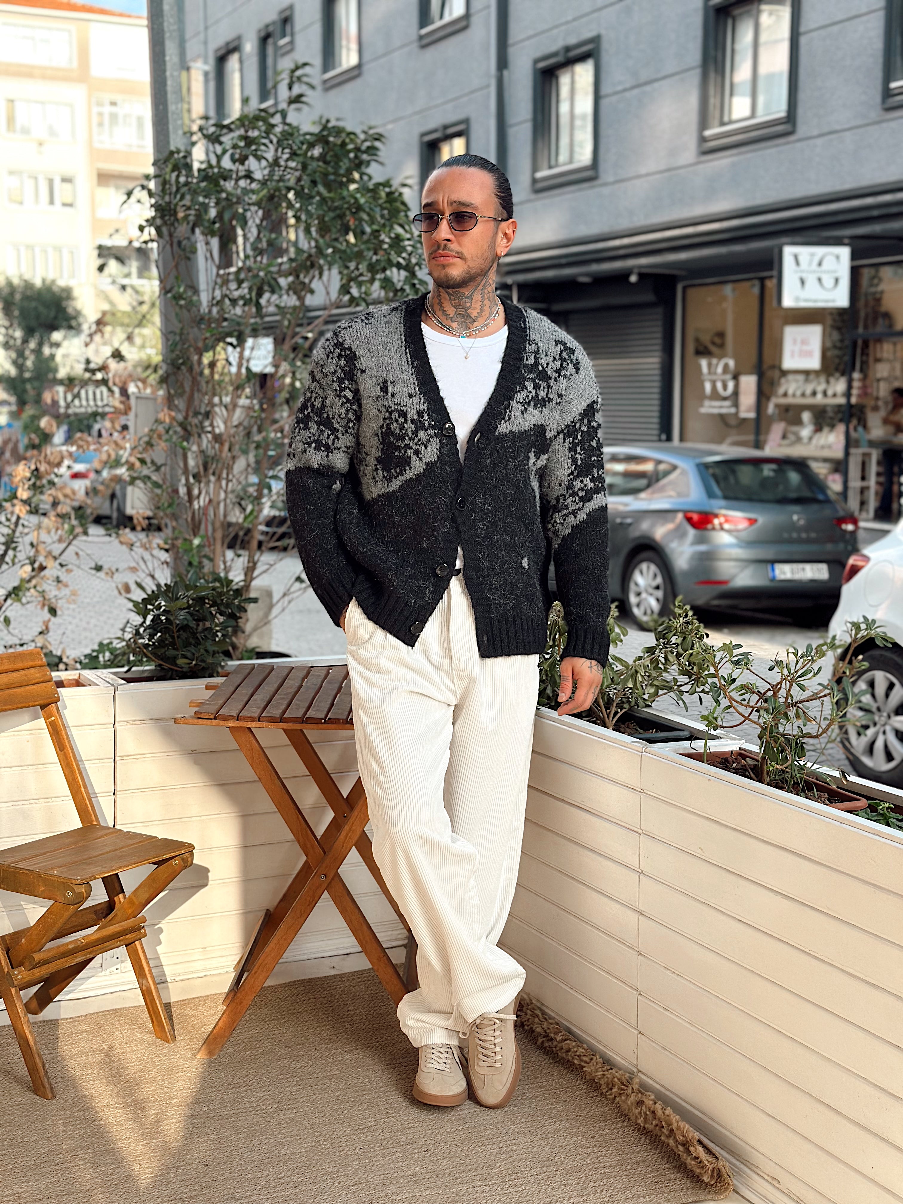 MS4084 - Oversize Çift Renk Yün Hırka siyah