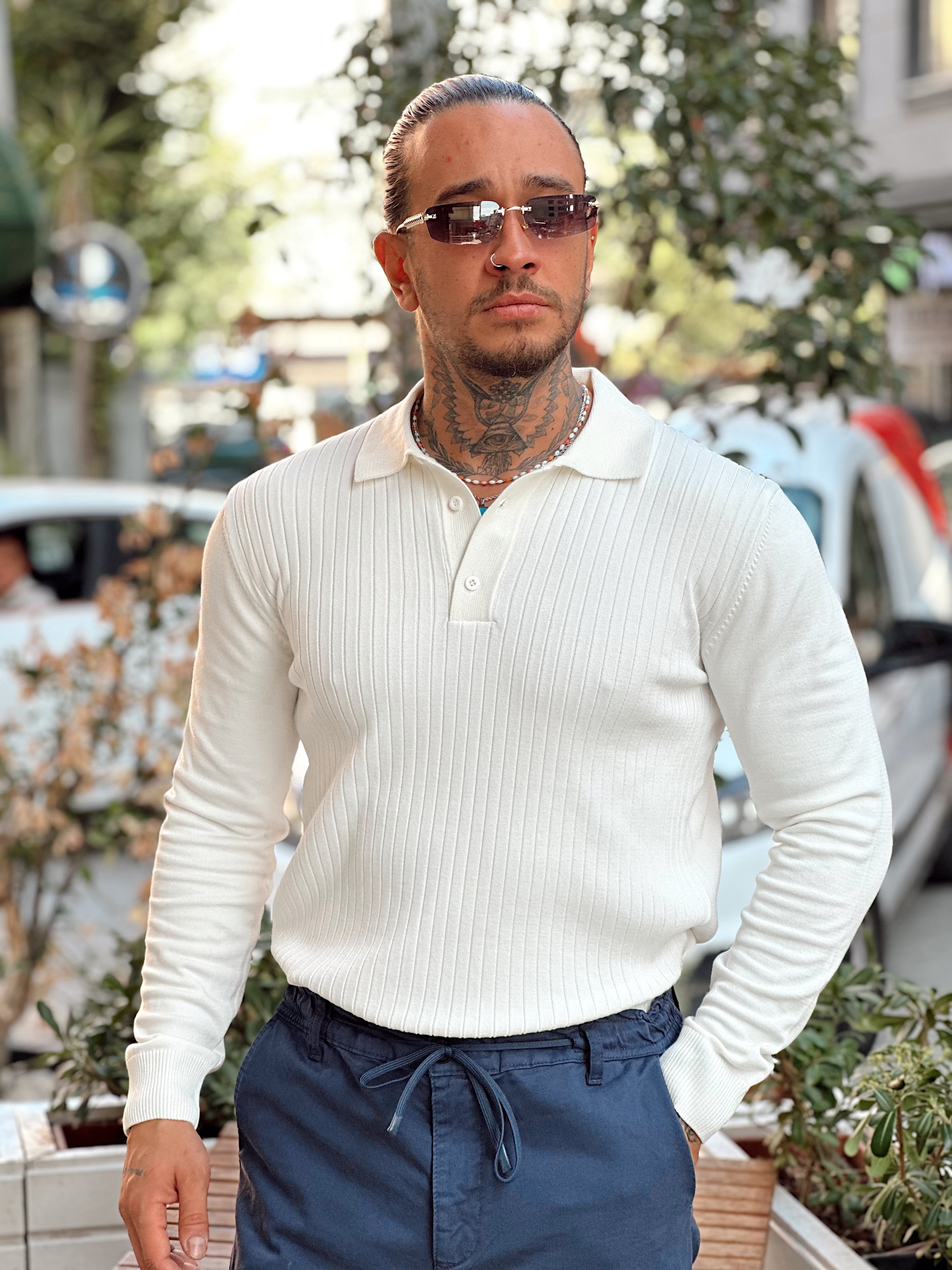 MS4053 - Fitilli Regular Kalıp Basic Polo Yaka Sweatshirt beyaz