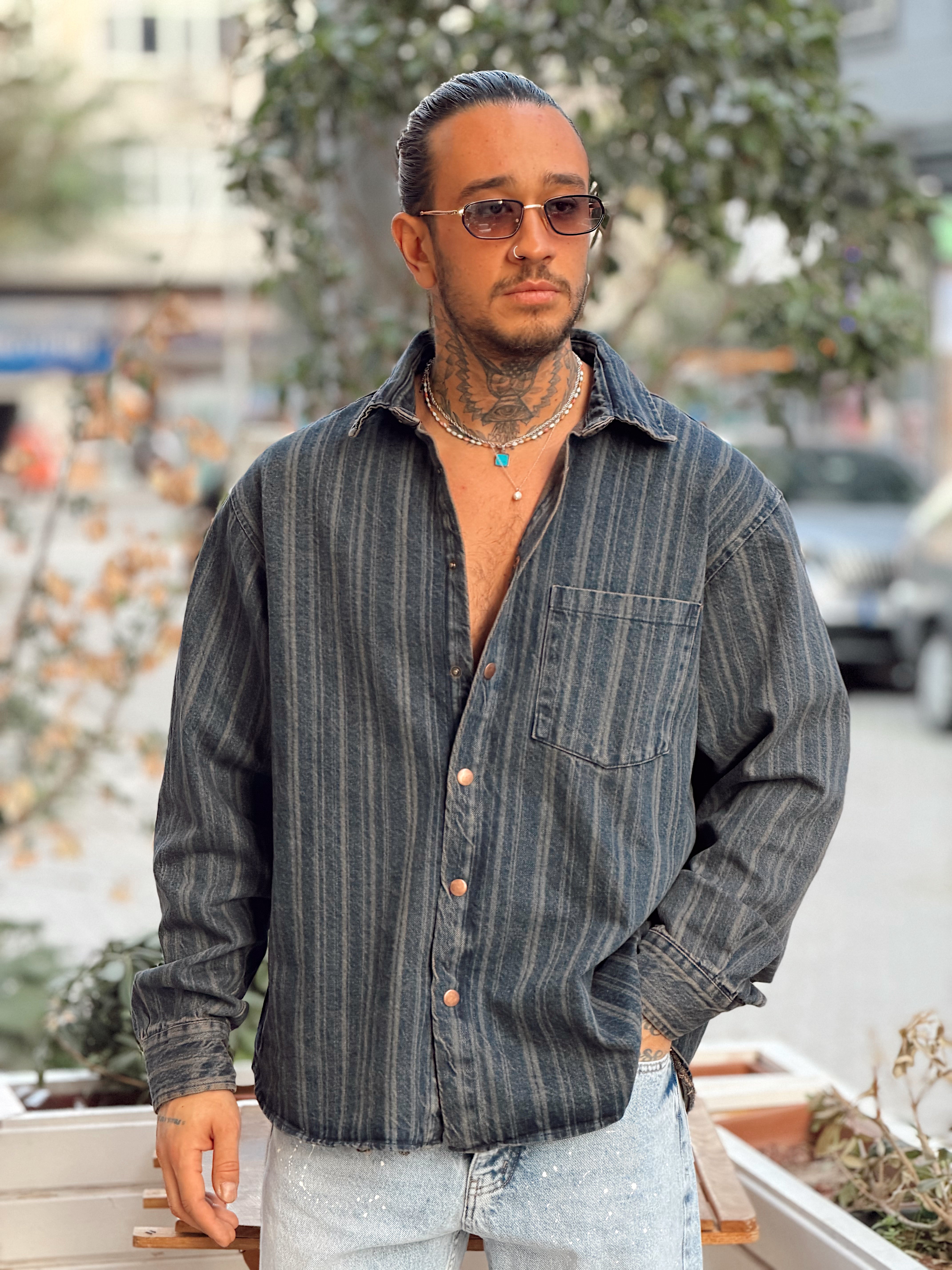 MG4130 - Eskitmeli Oversize Kot Gömlek mavi