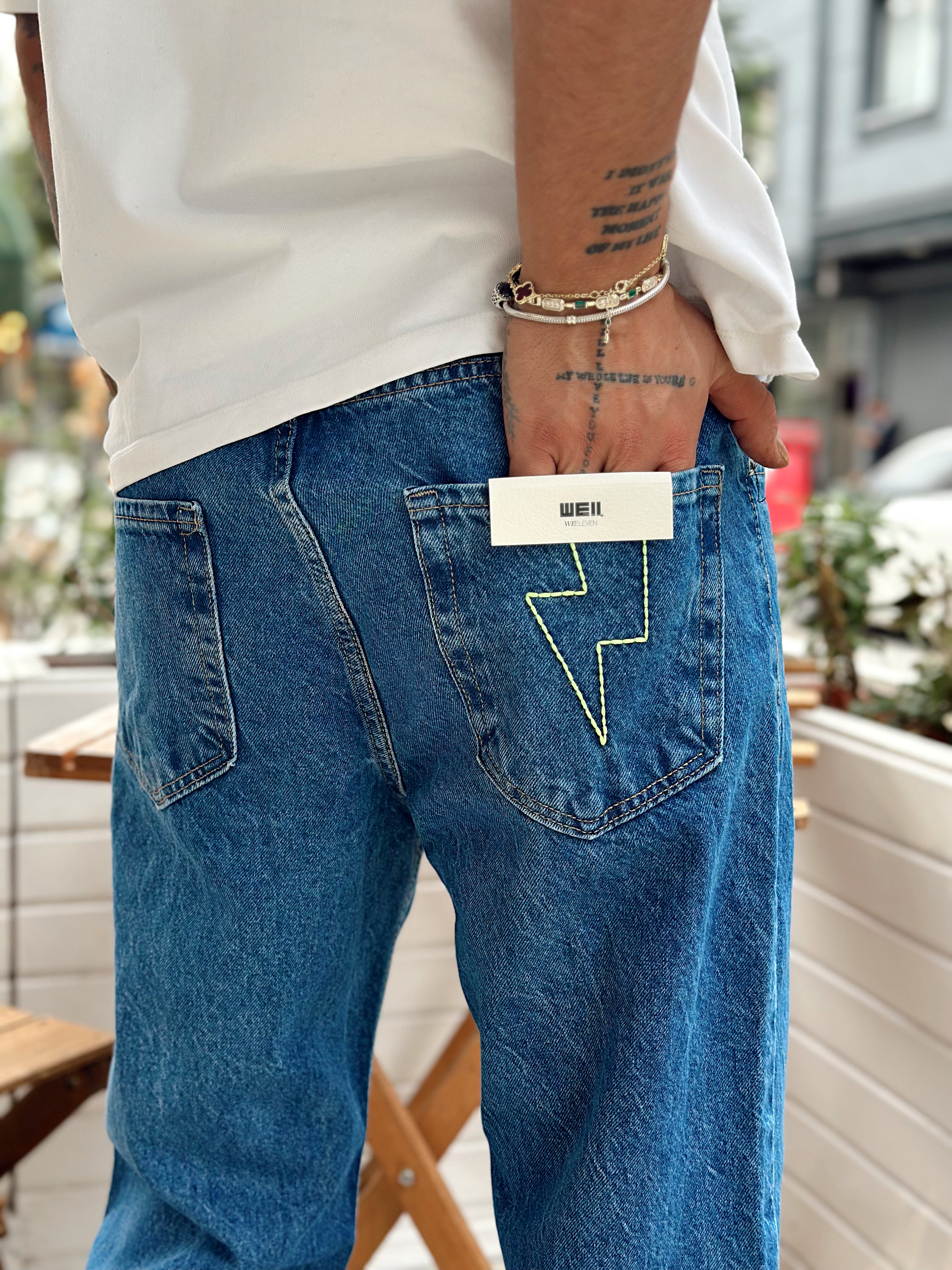 MP4097 - Şimşek Nakış Detaylı Regular Kot Pantolon Mavi