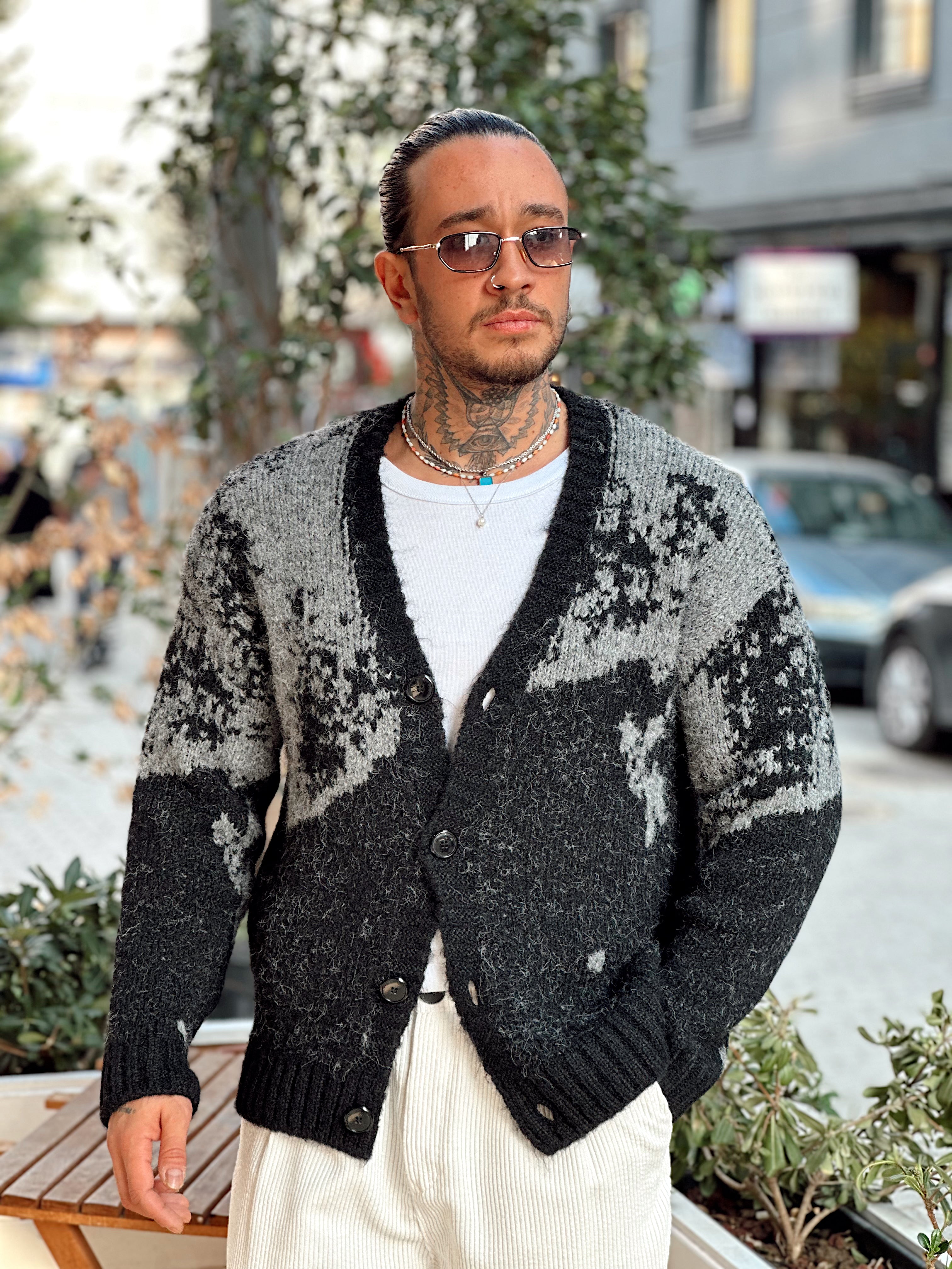 MS4084 - Oversize Çift Renk Yün Hırka siyah