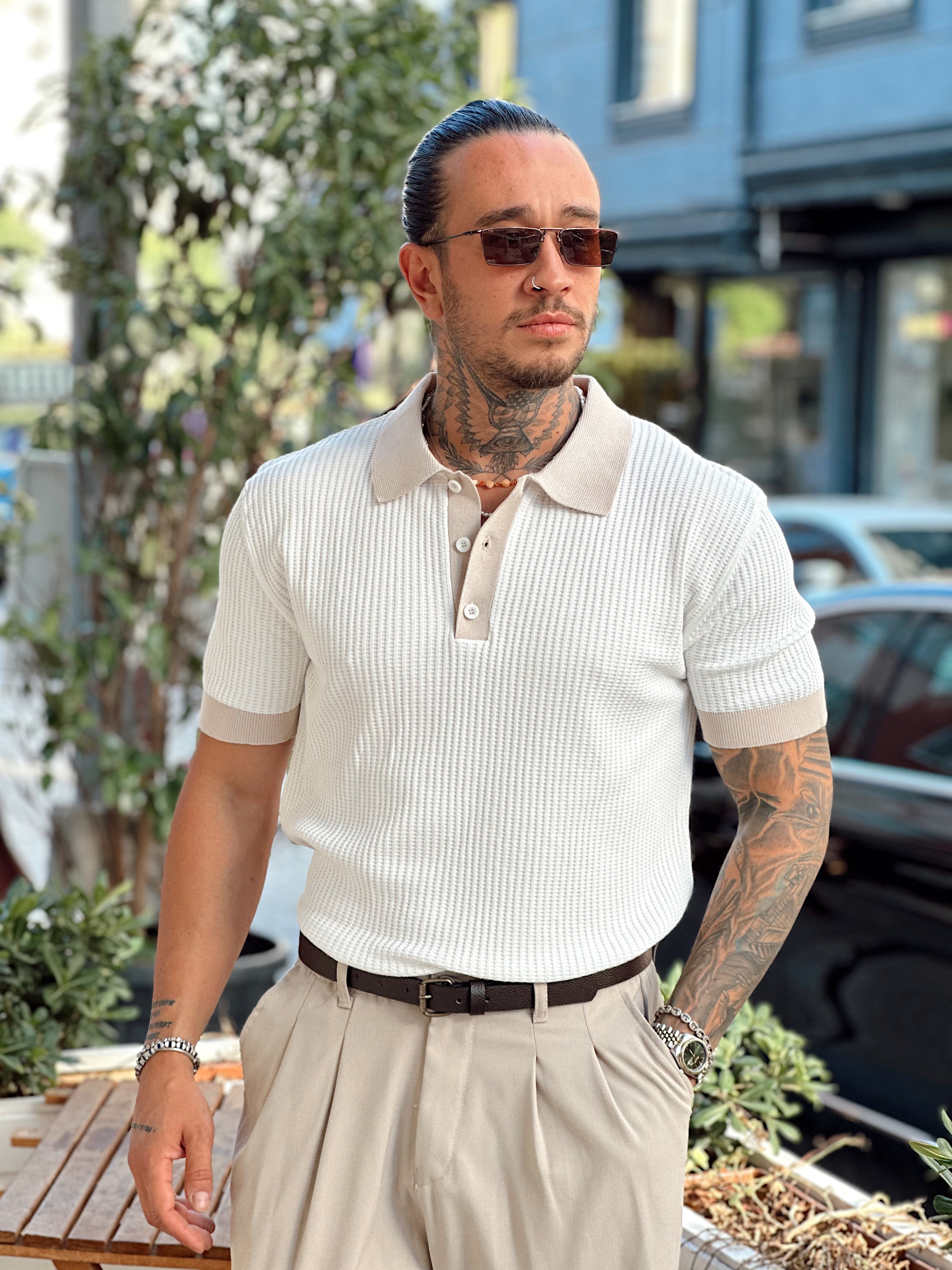 MT3026 - Çift Renk Örme Polo Yaka Triko beyaz