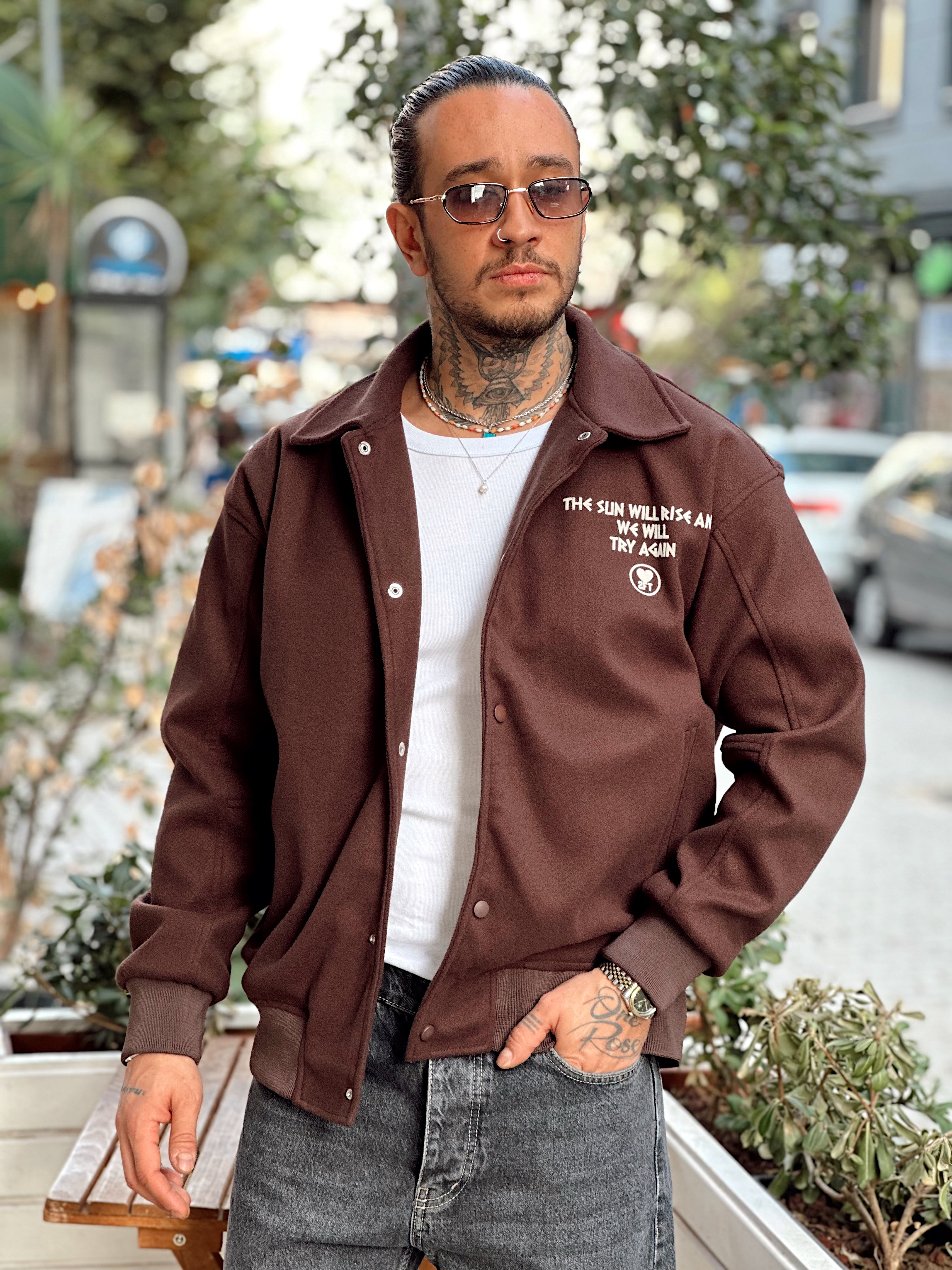 MC4088 - Flok Ön Arka Baskılı Kaşe Ceket kahve