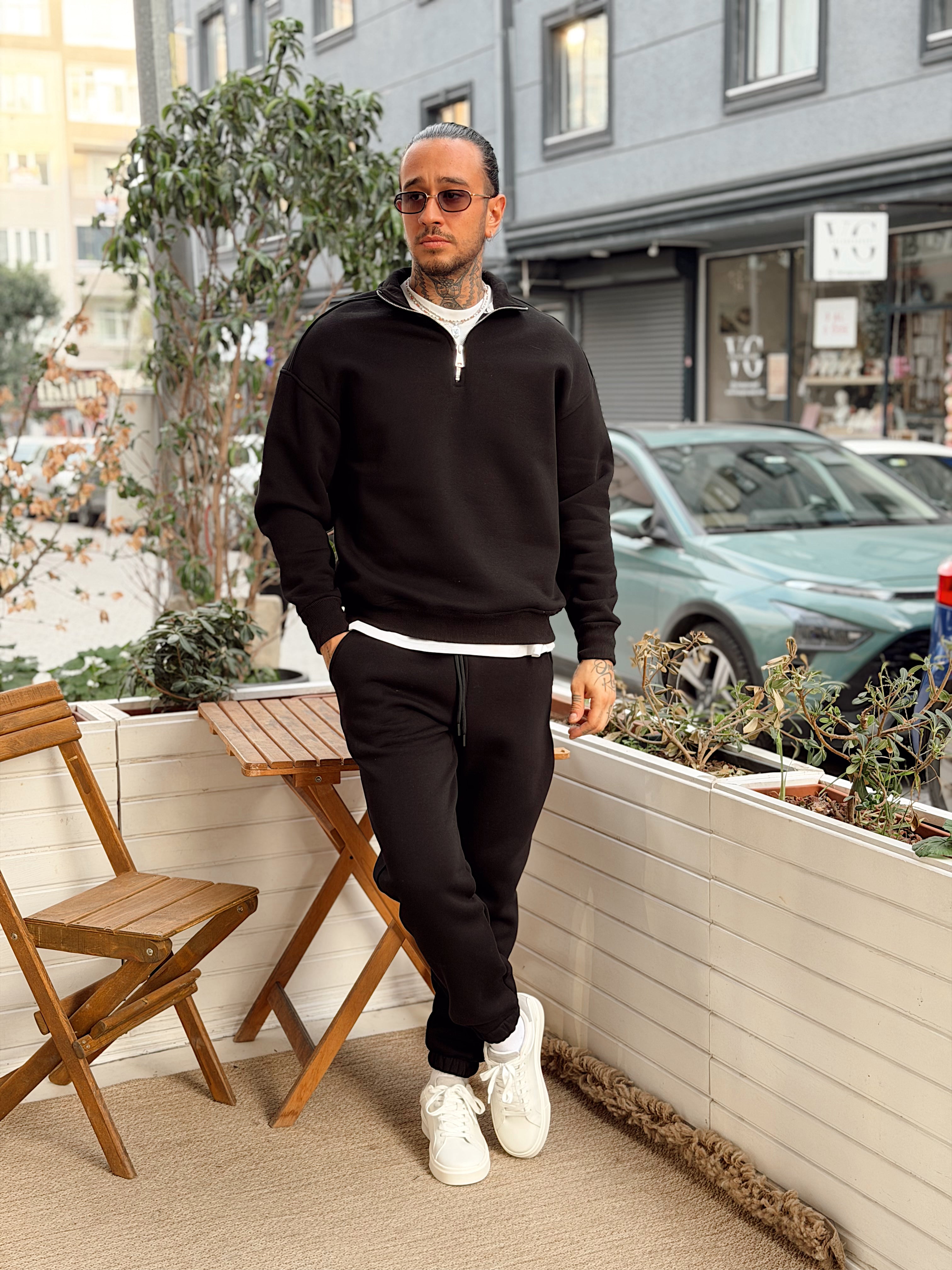 MT4120 - Şardonlu Yakası Fermuarlı Alt Üst Takım siyah