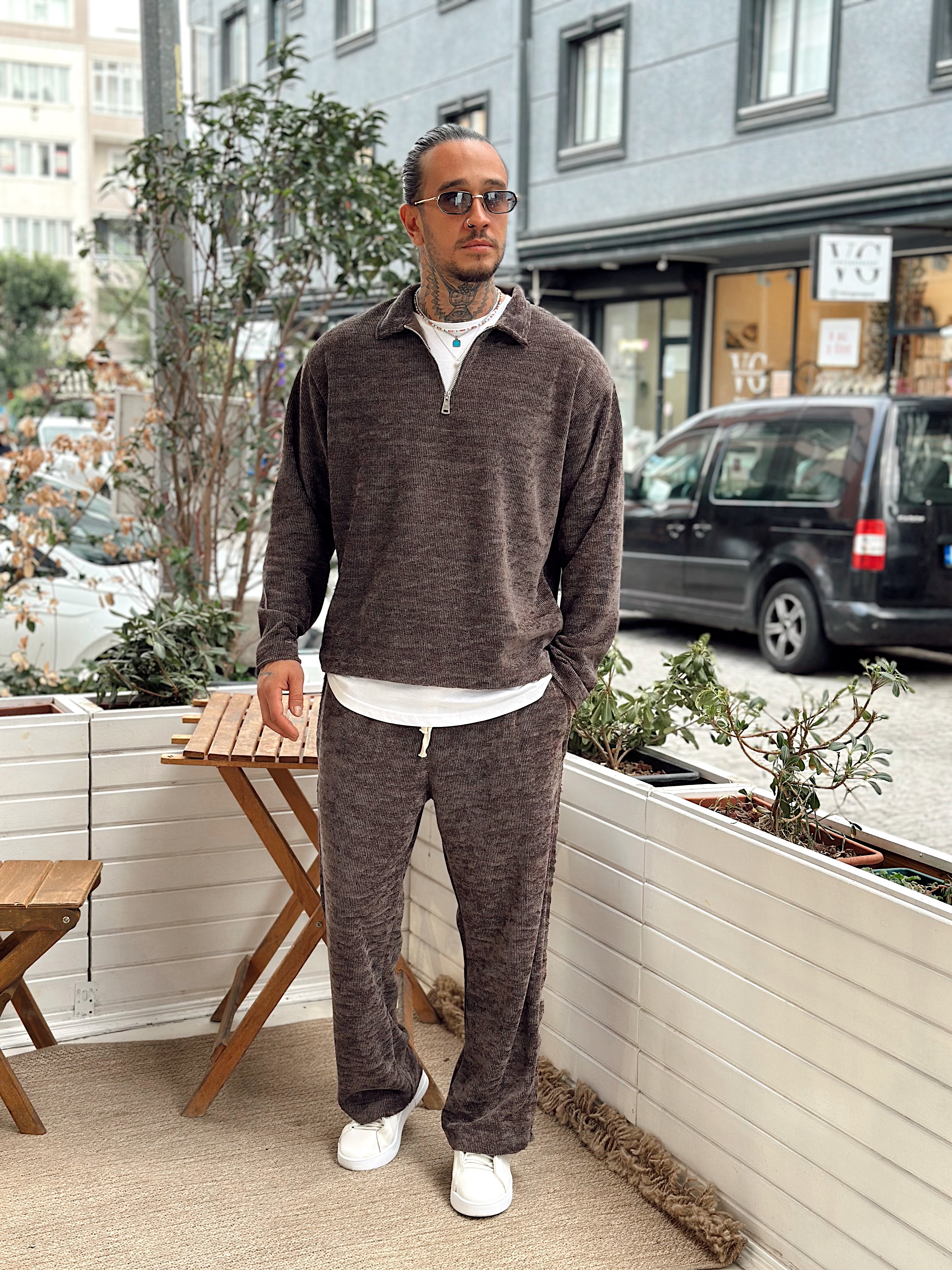 MT4070 - Kumaş Detaylı Sweatshirt Pantolon Takım kahve