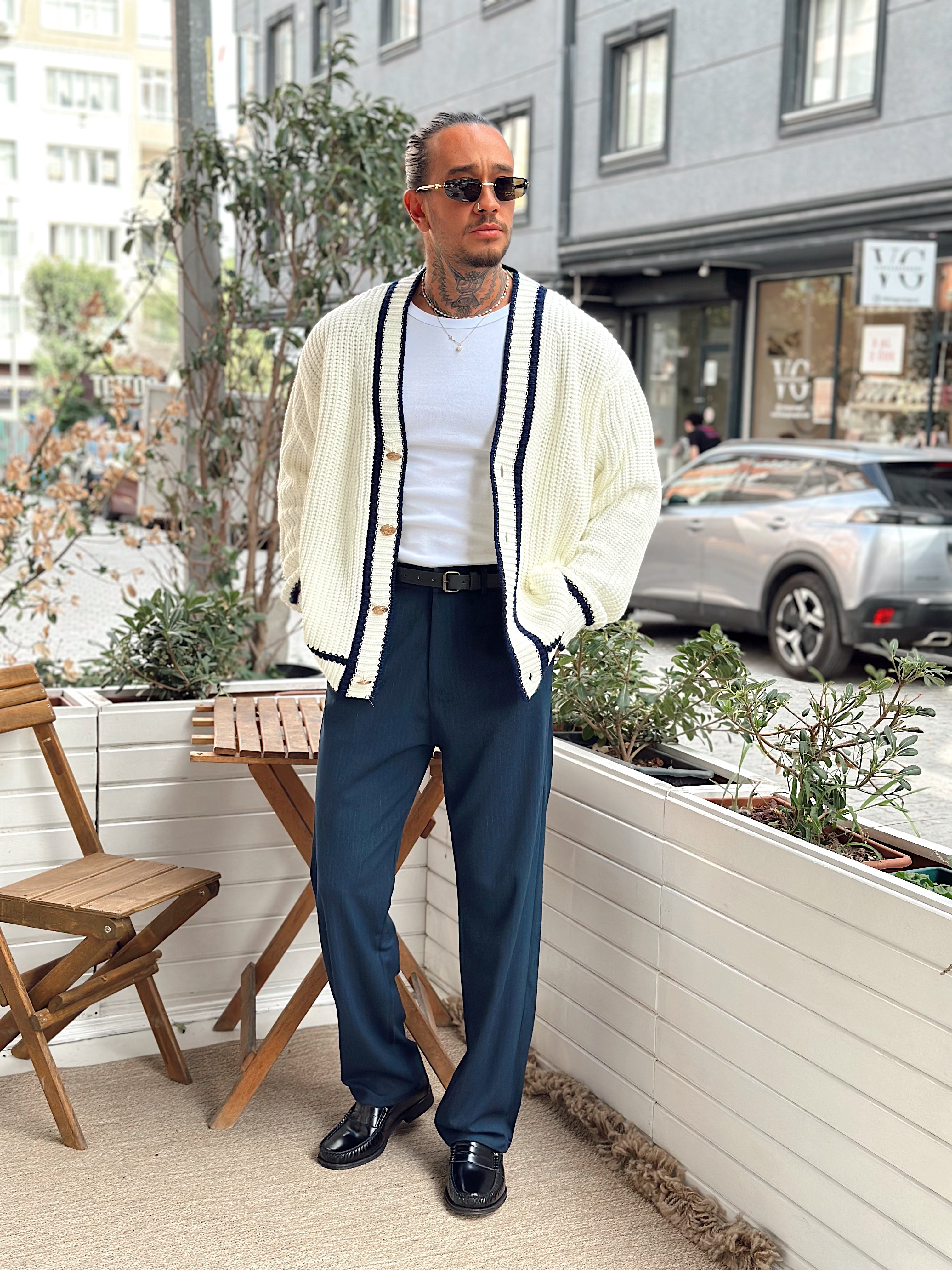 MS4004 - Old Money Çift Renk Örme Hırka krem