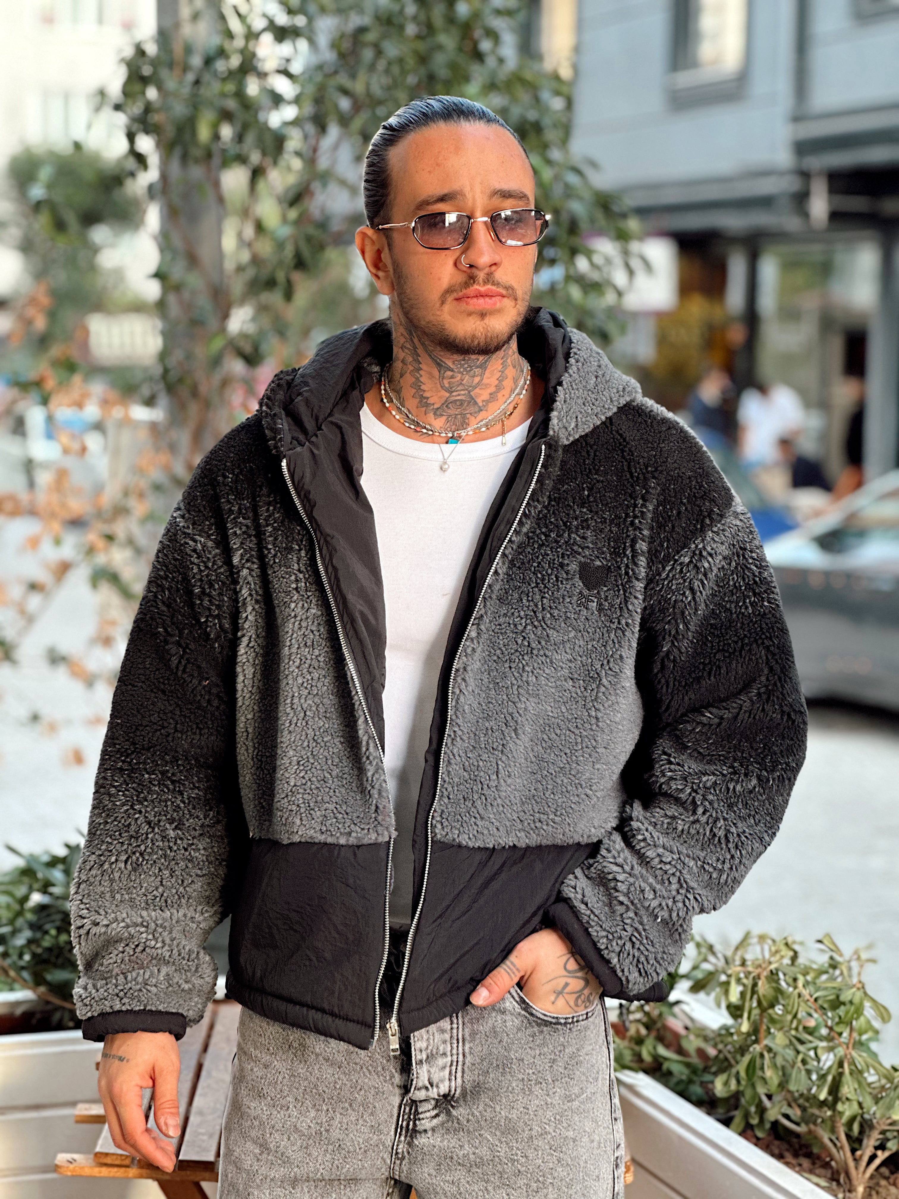 MC4079 - Çift Renk Kapüşonlu Peluş Ceket Gri-Siyah
