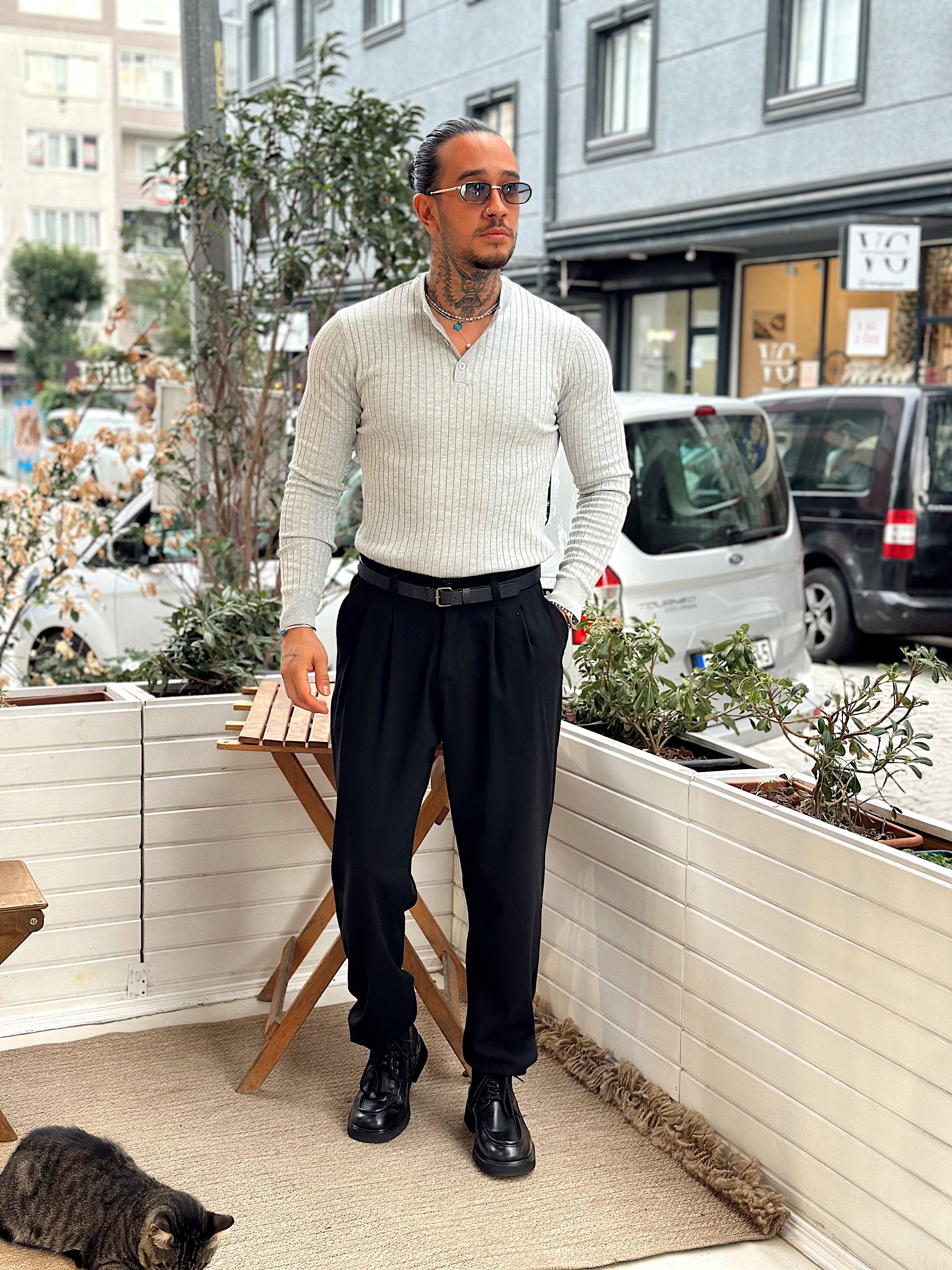 MS4057 - Fitilli Yakası Düğmeli Sweatshirt gri