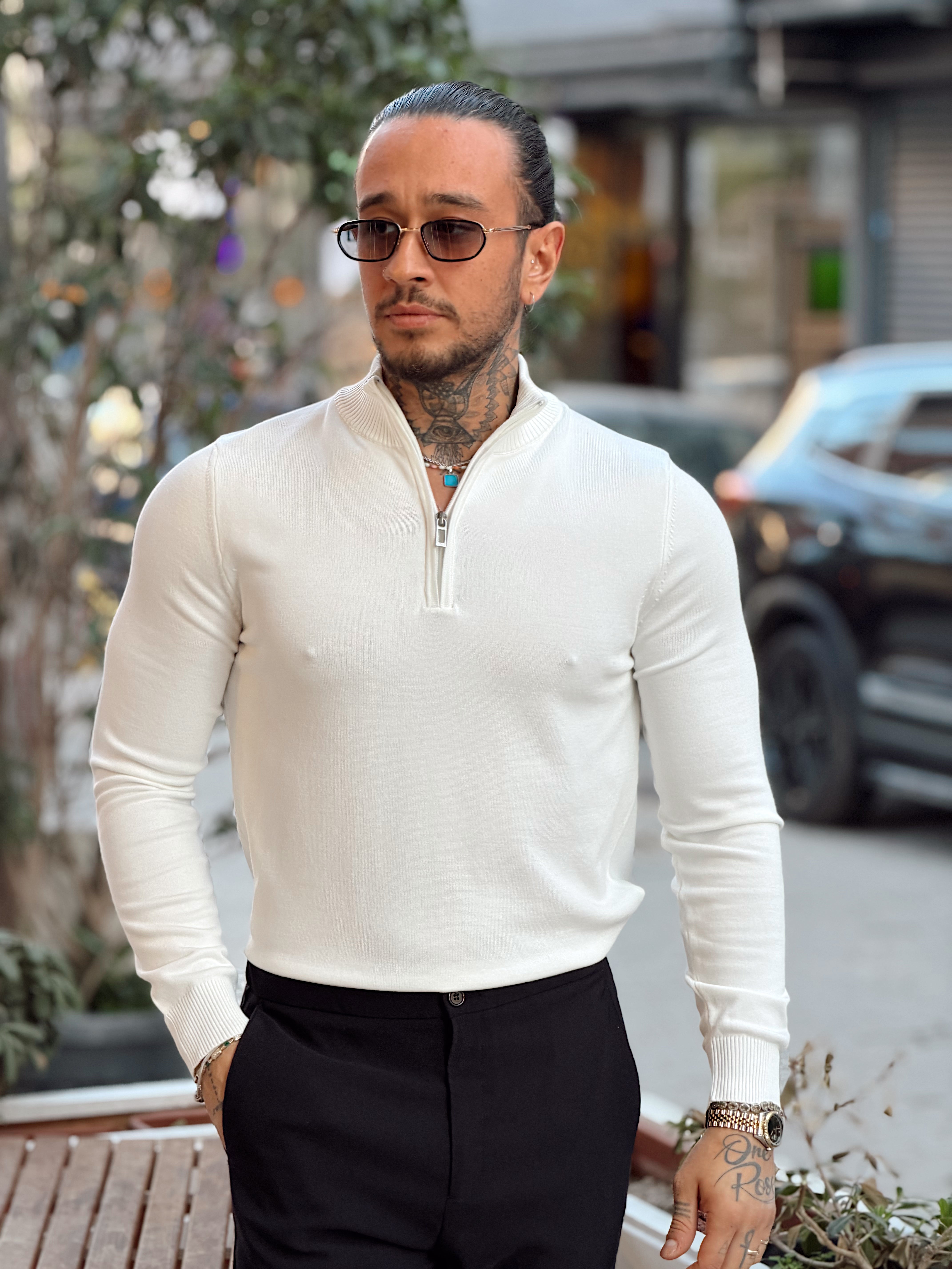 MS4132 - Balıkçı Yaka Fermuarlı Sweatshirt beyaz