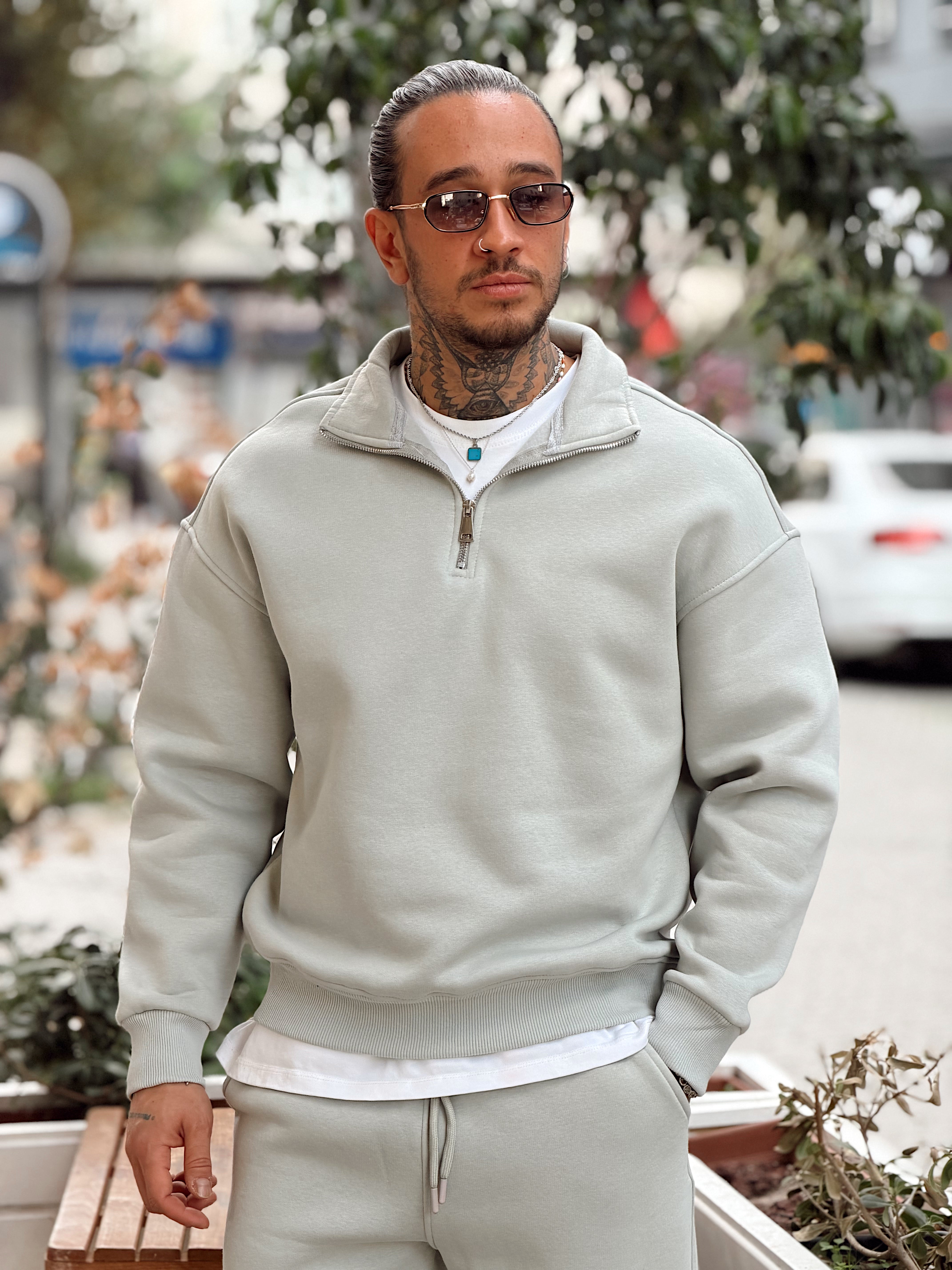 MT4120 - Şardonlu Yakası Fermuarlı Alt Üst Takım gri