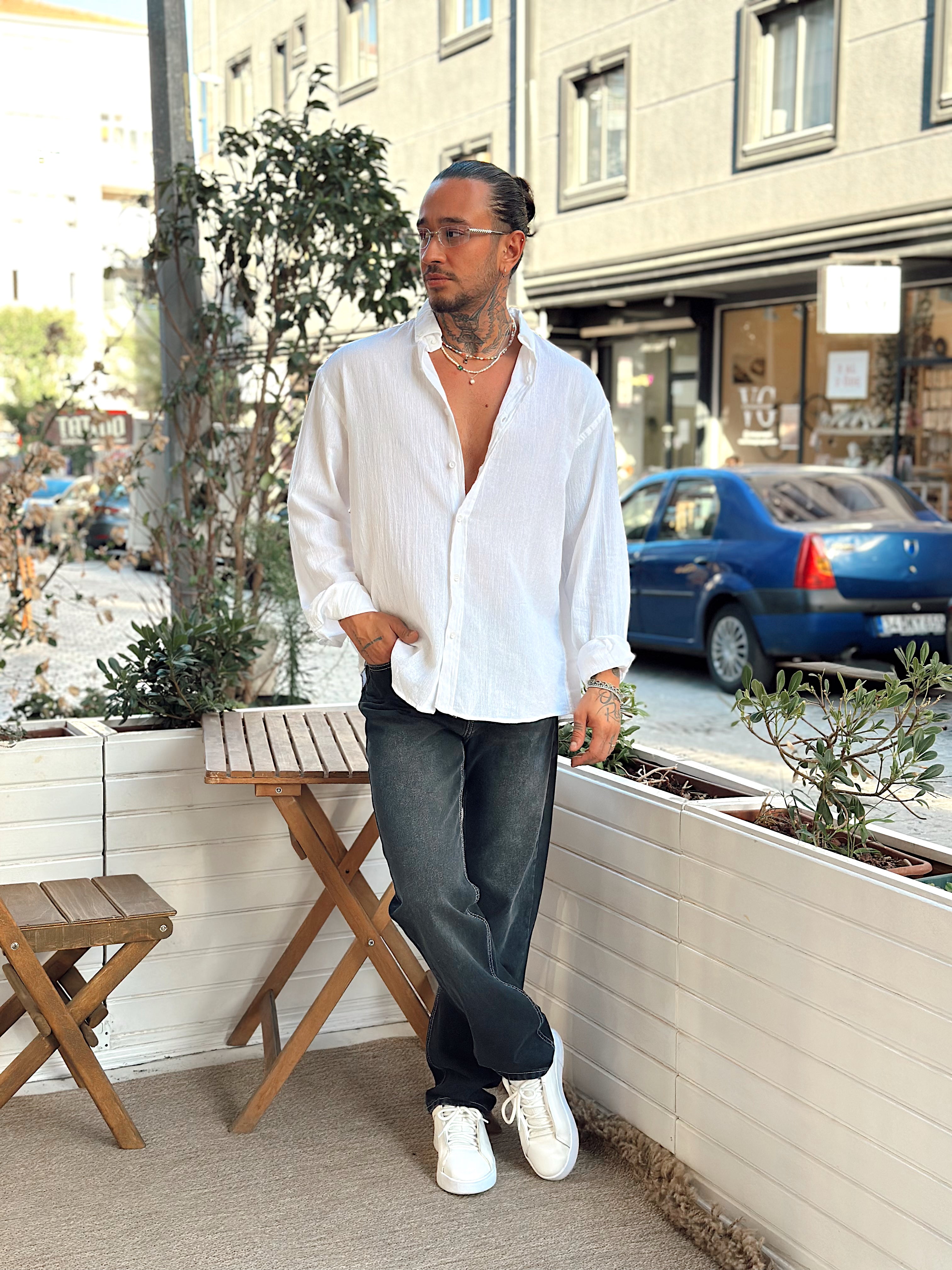 MG3232 - Oversize Krinkıl Keten Gömlek beyaz